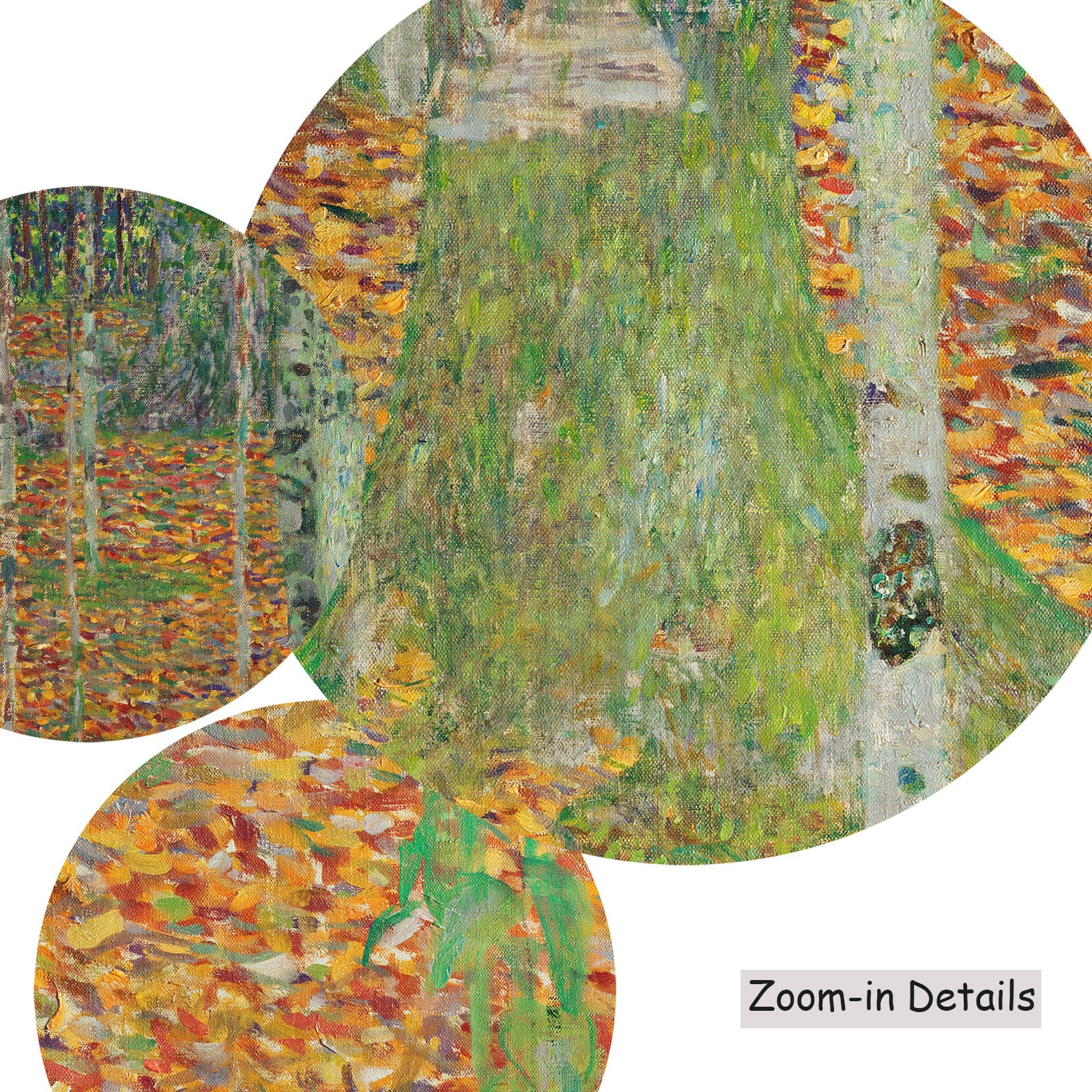 Close-up detail of the brushwork on Birch Forest, a large orange and green Impressionist canvas by Gustav Klimt