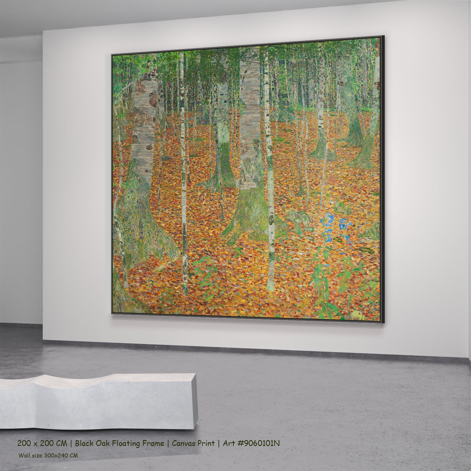 Birch Forest by Gustav Klimt in a black oak floating frame, large orange and green Impressionist canvas