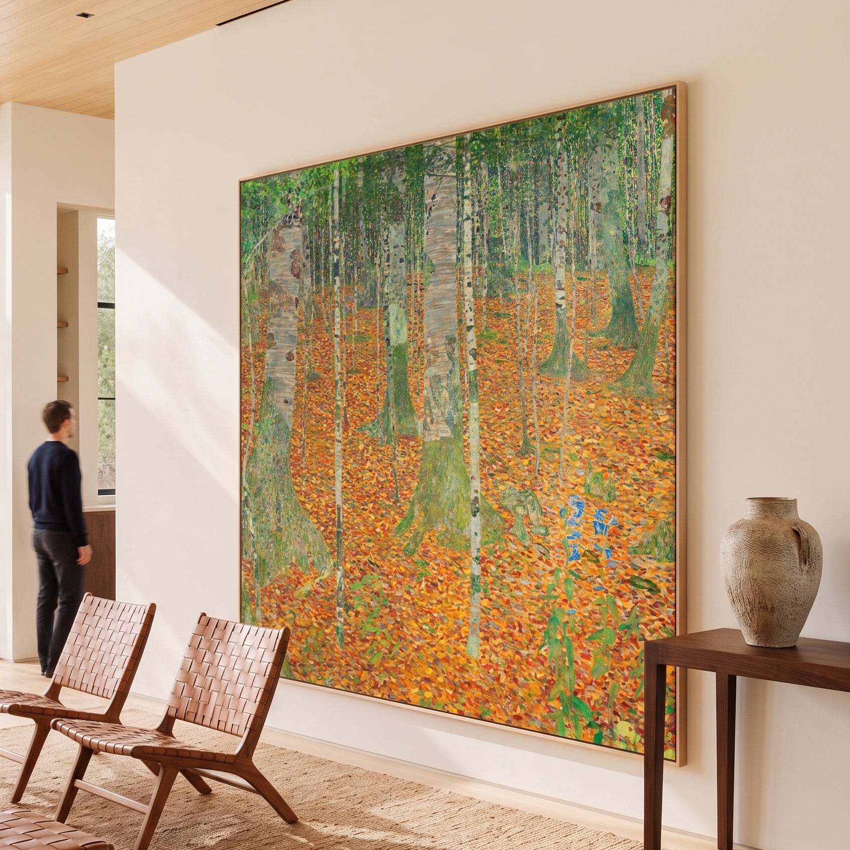 Birch Forest by Gustav Klimt — large orange and green Impressionist canvas art displayed on a wall