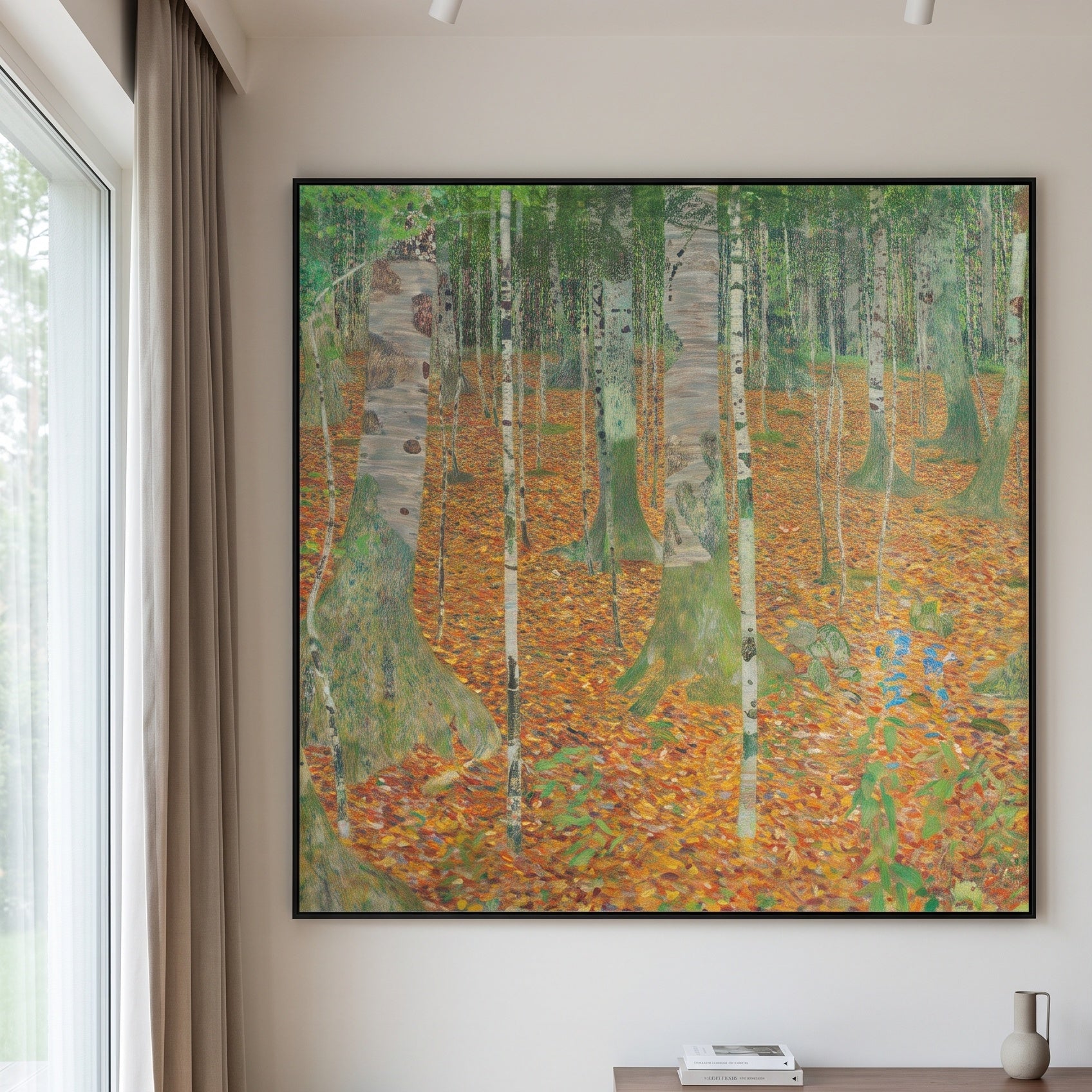 Birch Forest by Gustav Klimt — large orange and green Impressionist canvas art on a hallway wall