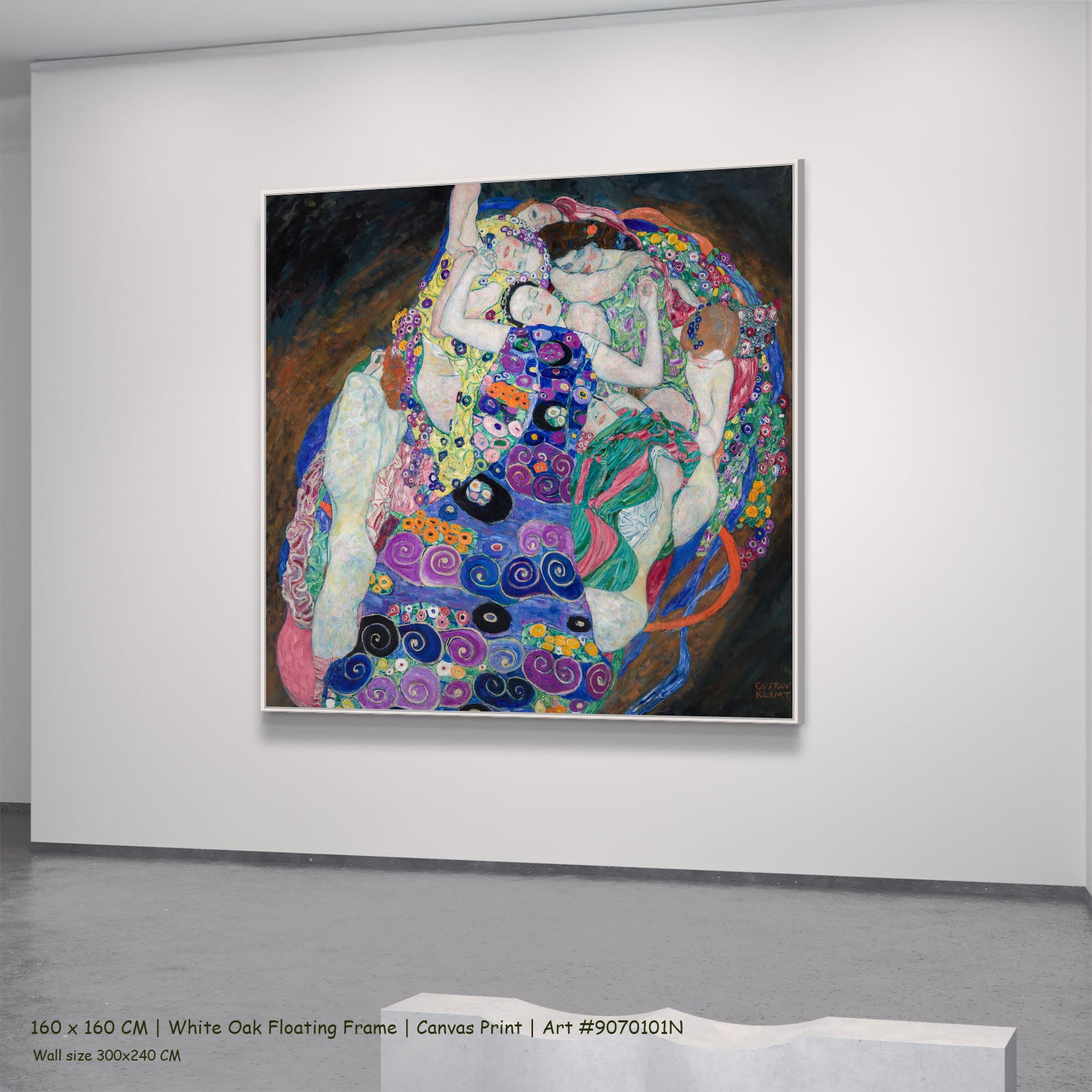 The Virgin by Gustav Klimt in a white oak floating frame, large blue and purple Symbolist canvas