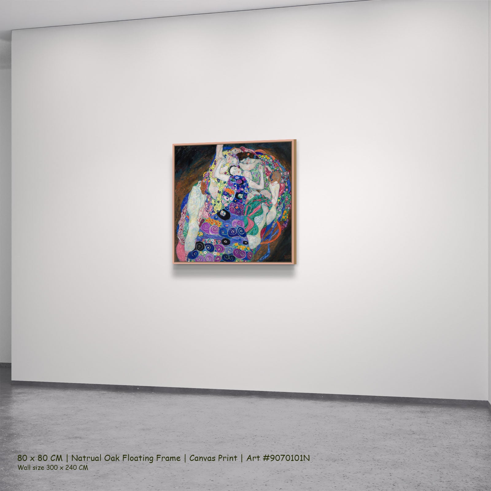 The Virgin by Gustav Klimt in a natural oak floating frame, large blue and purple Symbolist canvas