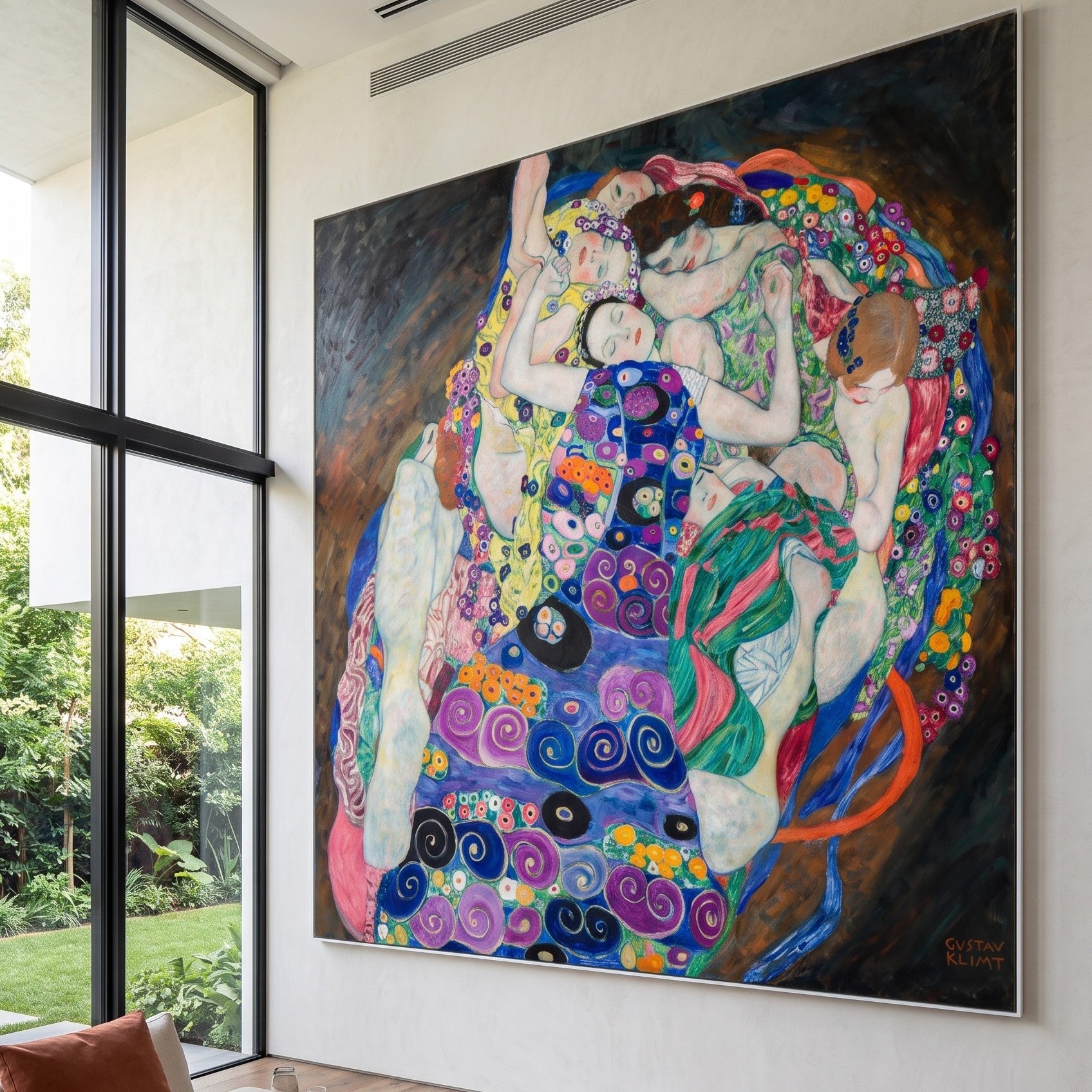 The Virgin by Gustav Klimt — large blue and purple Symbolist canvas art on a living room wall