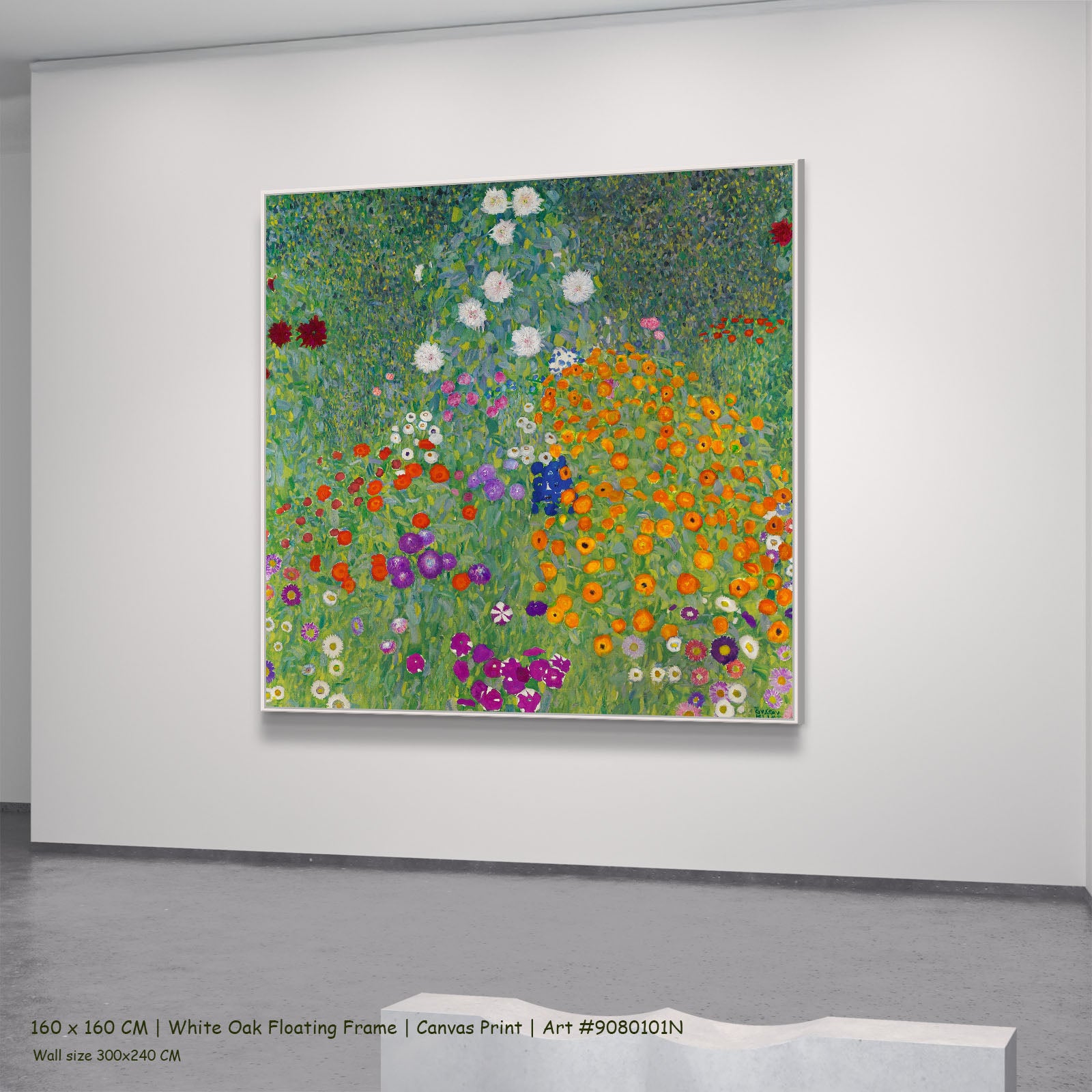 Bauerngarten by Gustav Klimt in a white oak floating frame, large green and orange Impressionist canvas