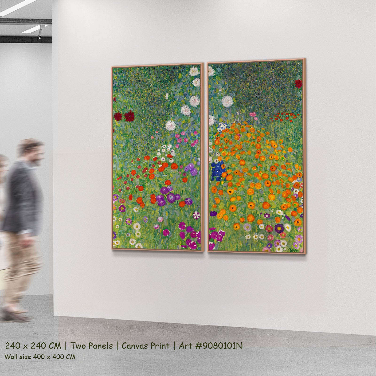 Bauerngarten by Gustav Klimt as a large two-panel green and orange Impressionist canvas set