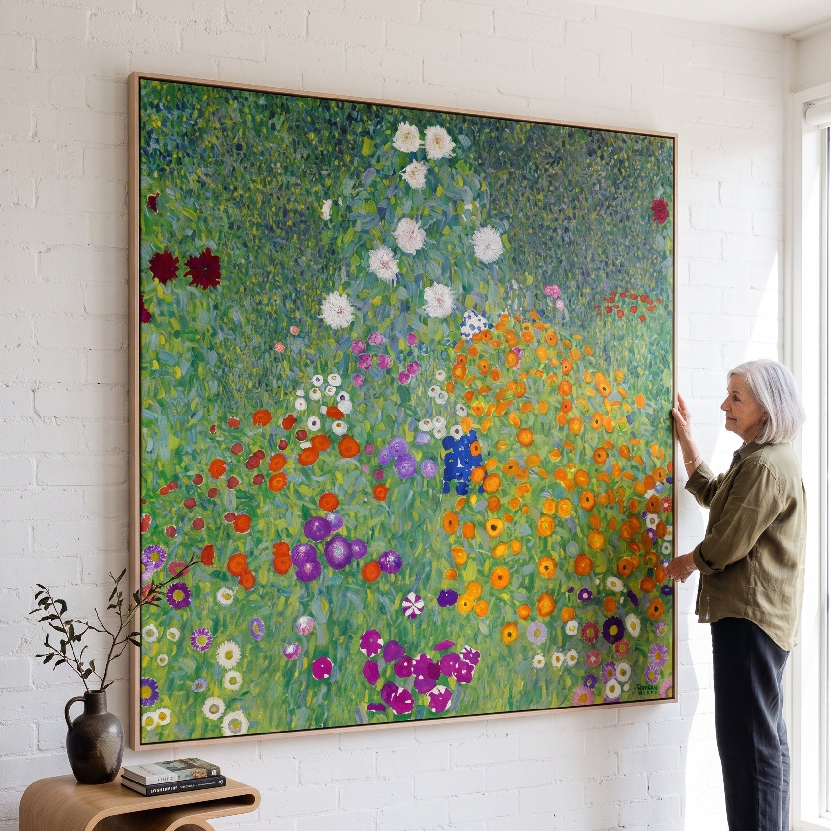 Bauerngarten by Gustav Klimt — large green and orange Impressionist canvas art on a living room wall