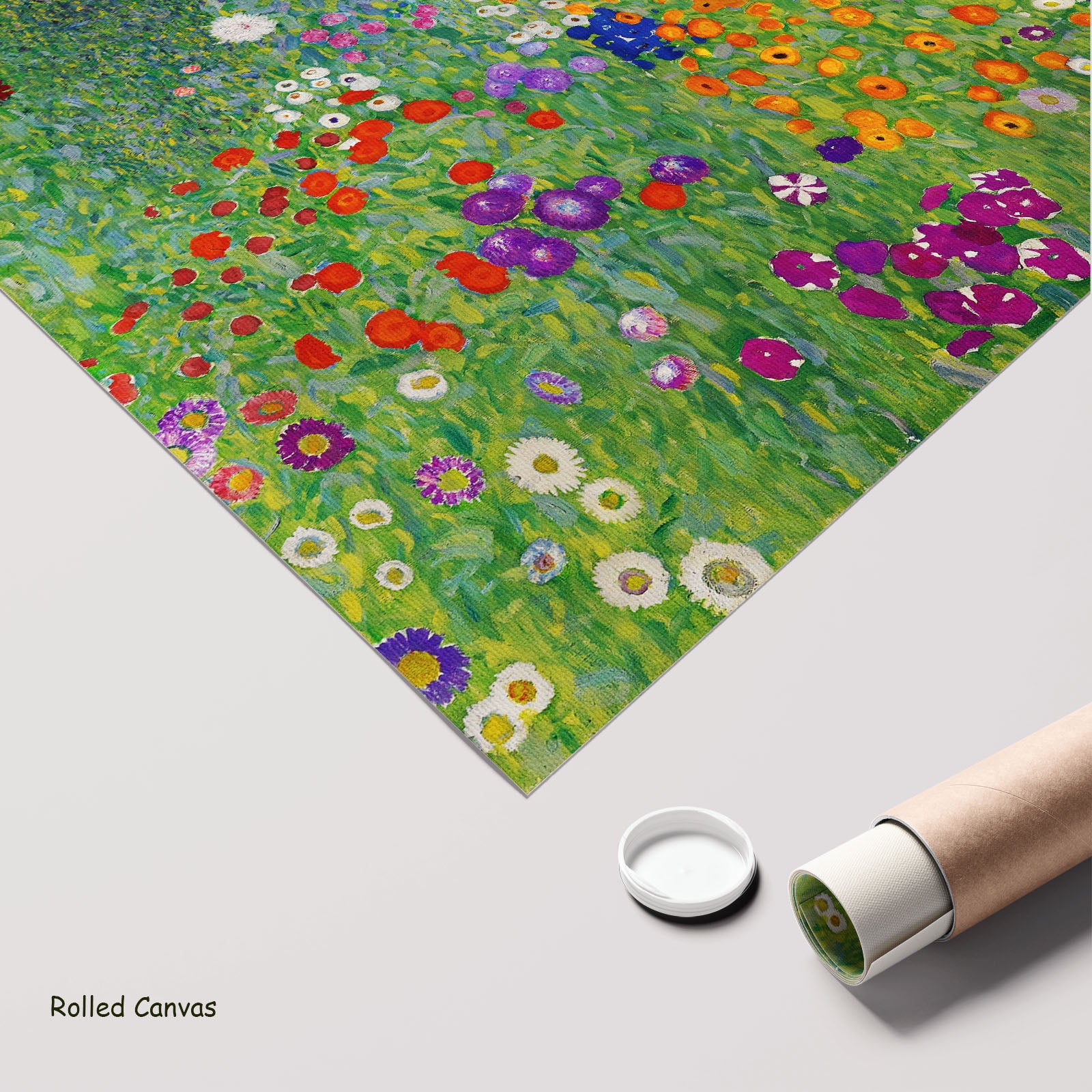 Bauerngarten by Gustav Klimt as a large rolled green and orange Impressionist canvas print