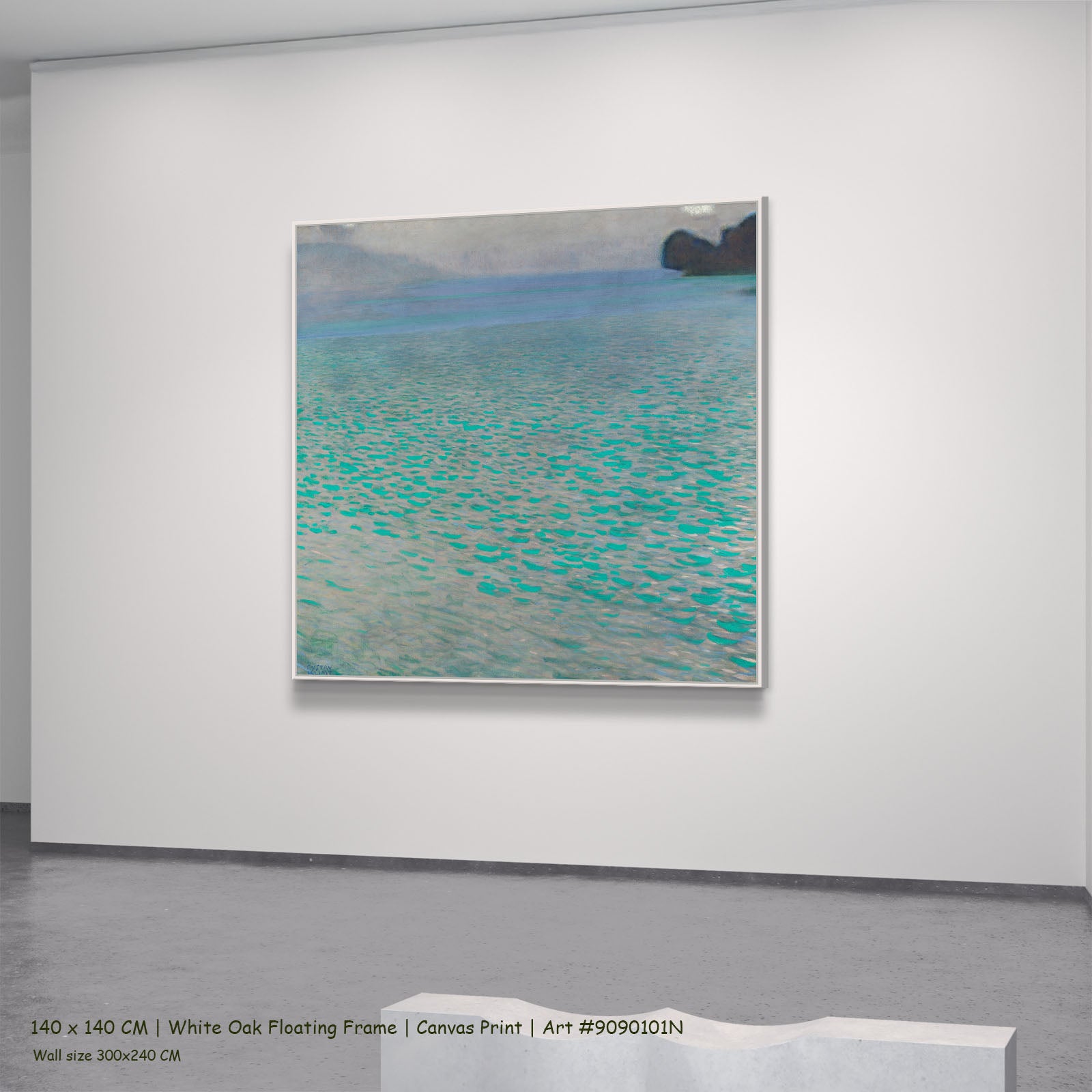 On Lake Attersee by Gustav Klimt in a white oak floating frame, large aqua and grey Impressionist canvas