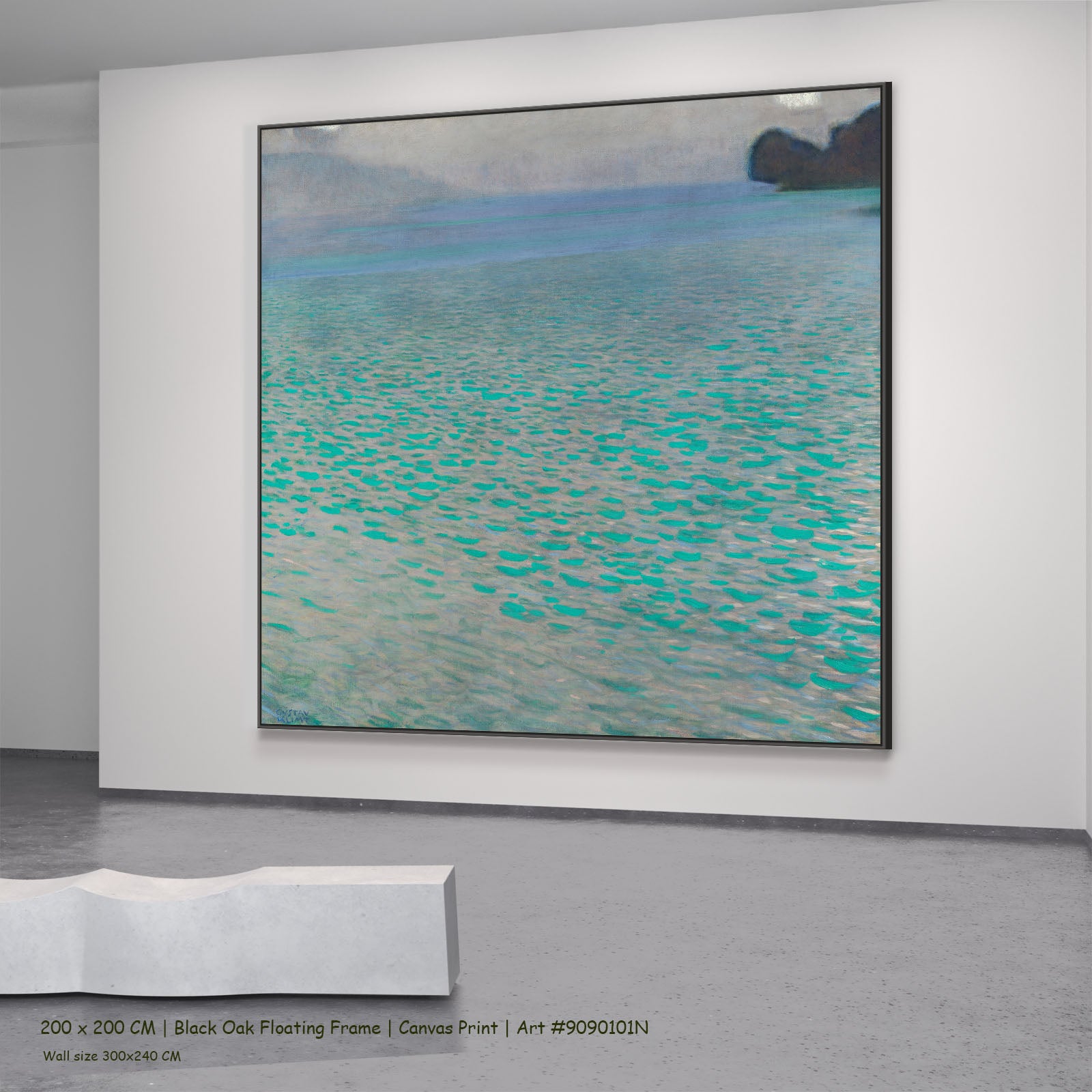 On Lake Attersee by Gustav Klimt in a black oak floating frame, large aqua and grey Impressionist canvas