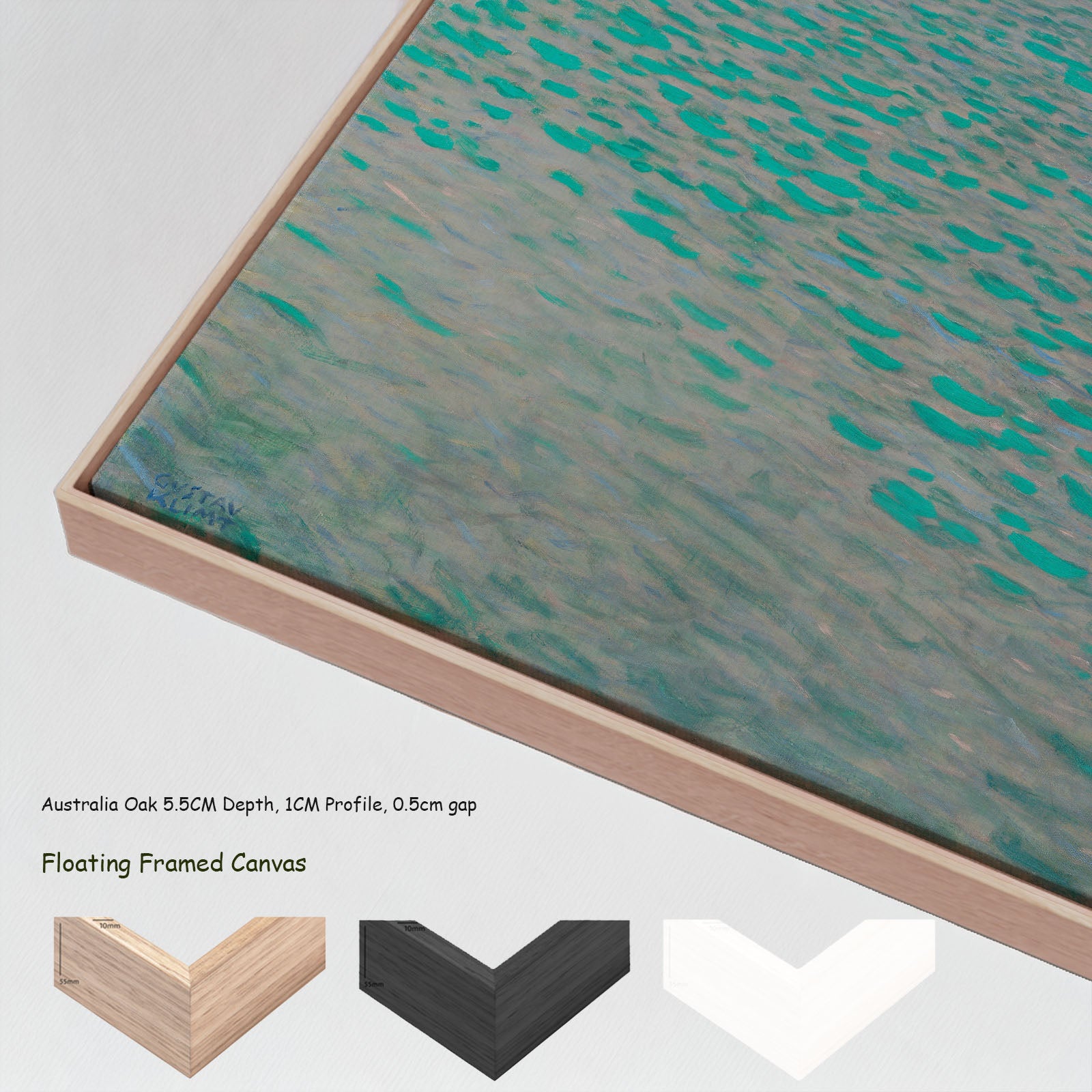 On Lake Attersee by Gustav Klimt in a floating frame, large aqua and grey Impressionist canvas print