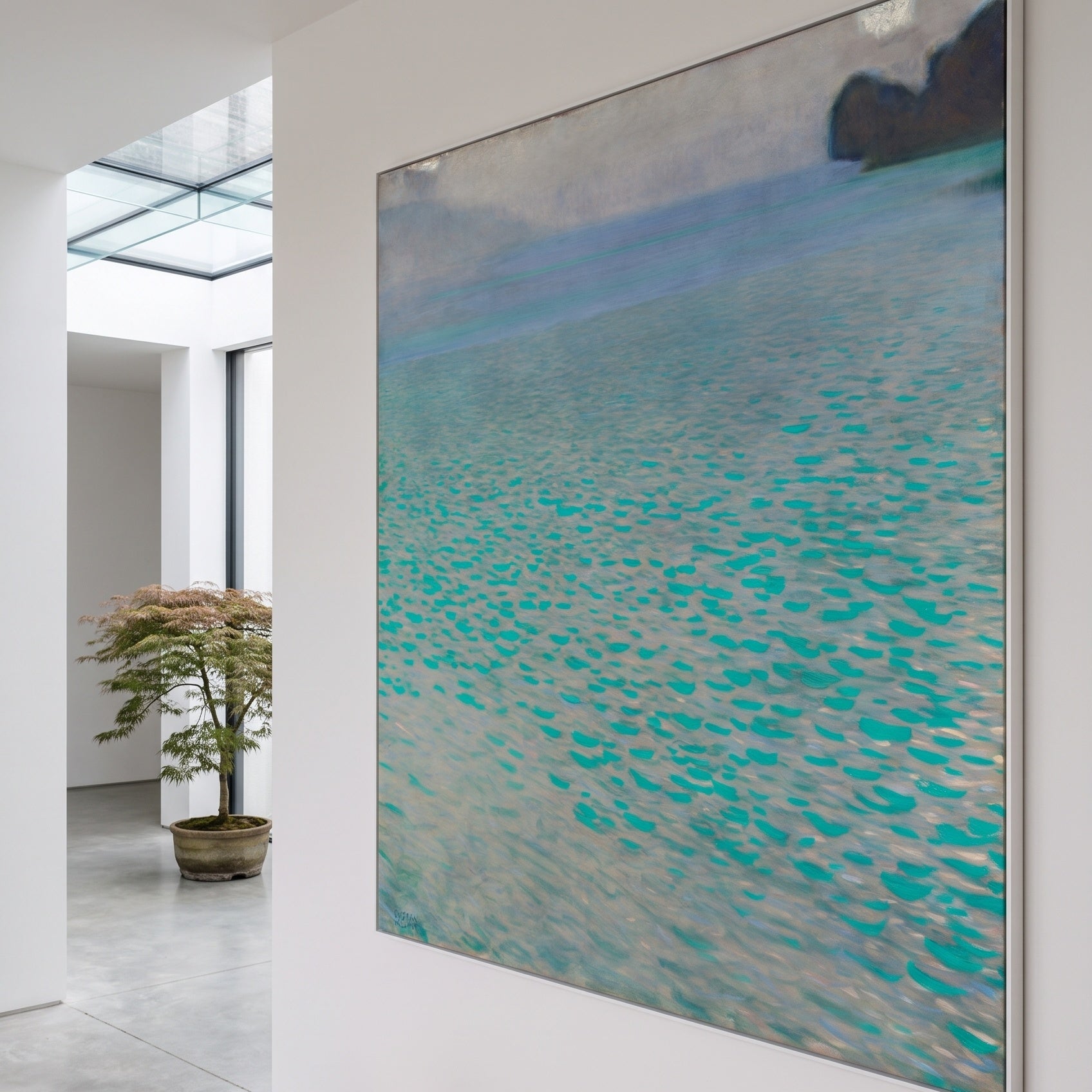 On Lake Attersee by Gustav Klimt — large aqua and grey Impressionist canvas art on a entryway wall