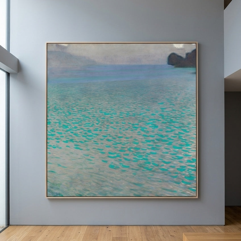 On Lake Attersee by Gustav Klimt — large aqua and grey Impressionist canvas art on a living room wall