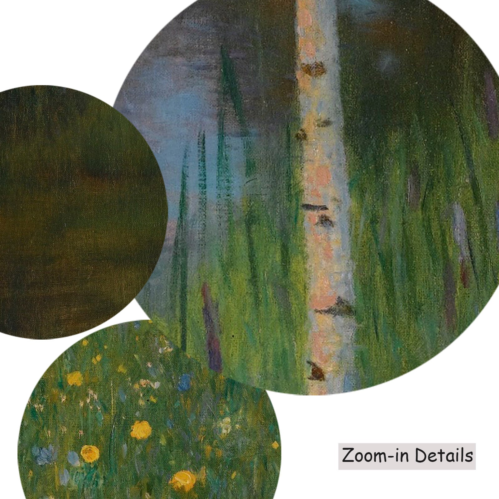 Close-up detail of the brushwork on Lakeshore with Birches, a large green and white Impressionist canvas by Gustav Klimt