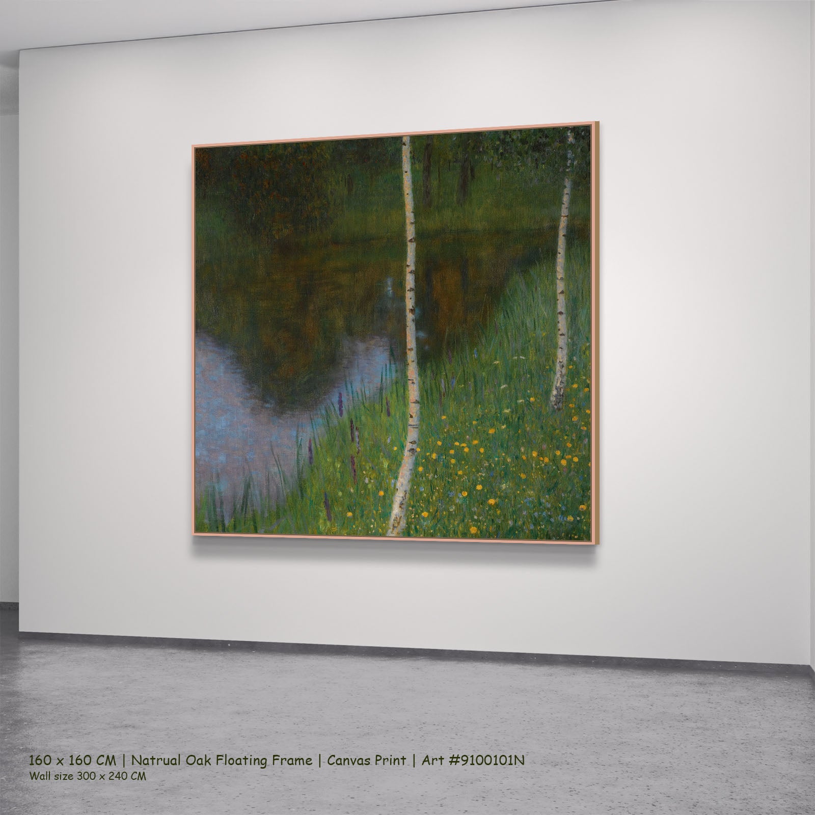 Lakeshore with Birches by Gustav Klimt in a natural oak floating frame, large green and white Impressionist canvas