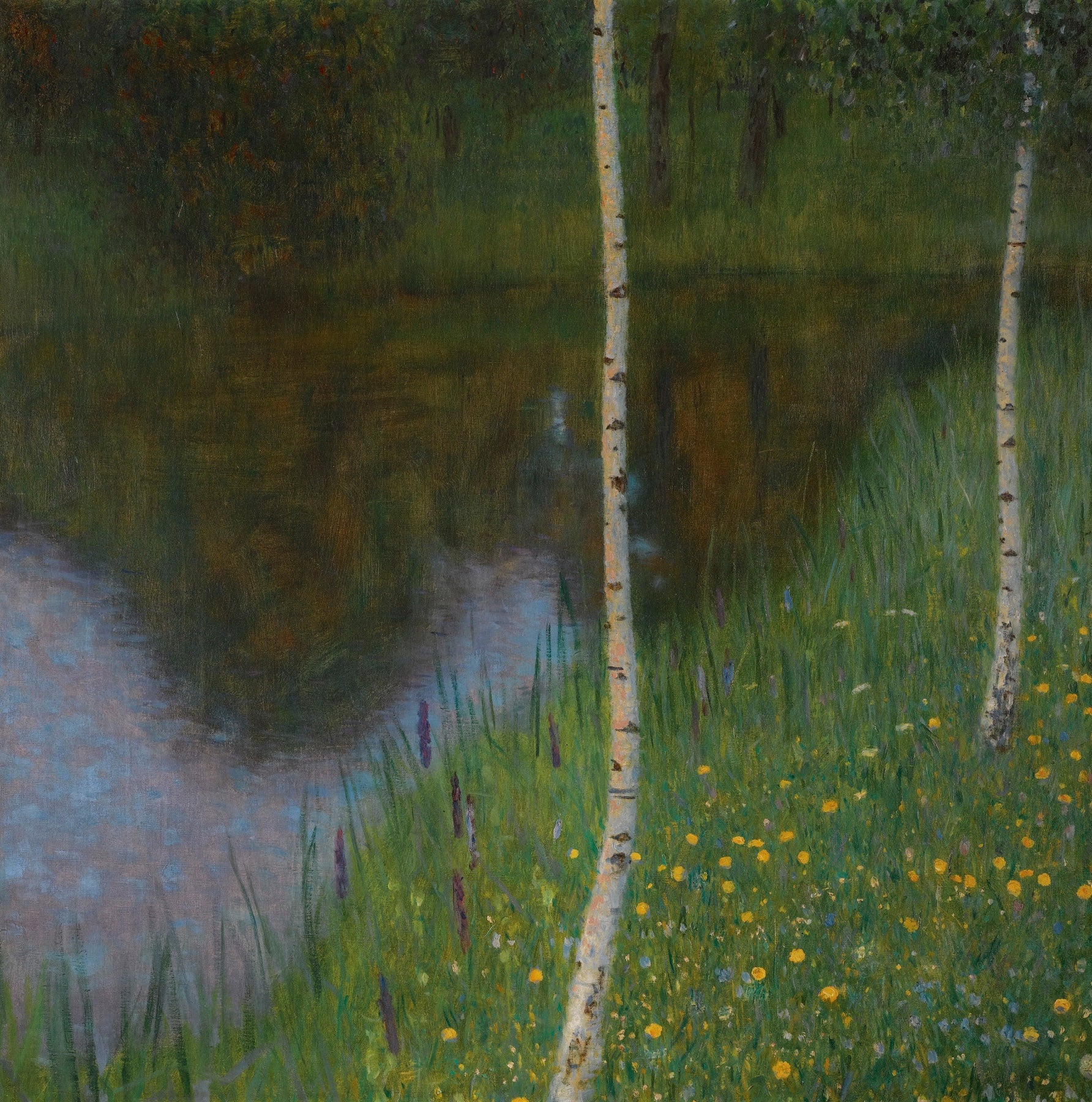 Large green and white Impressionist canvas print of Lakeshore with Birches by Gustav Klimt