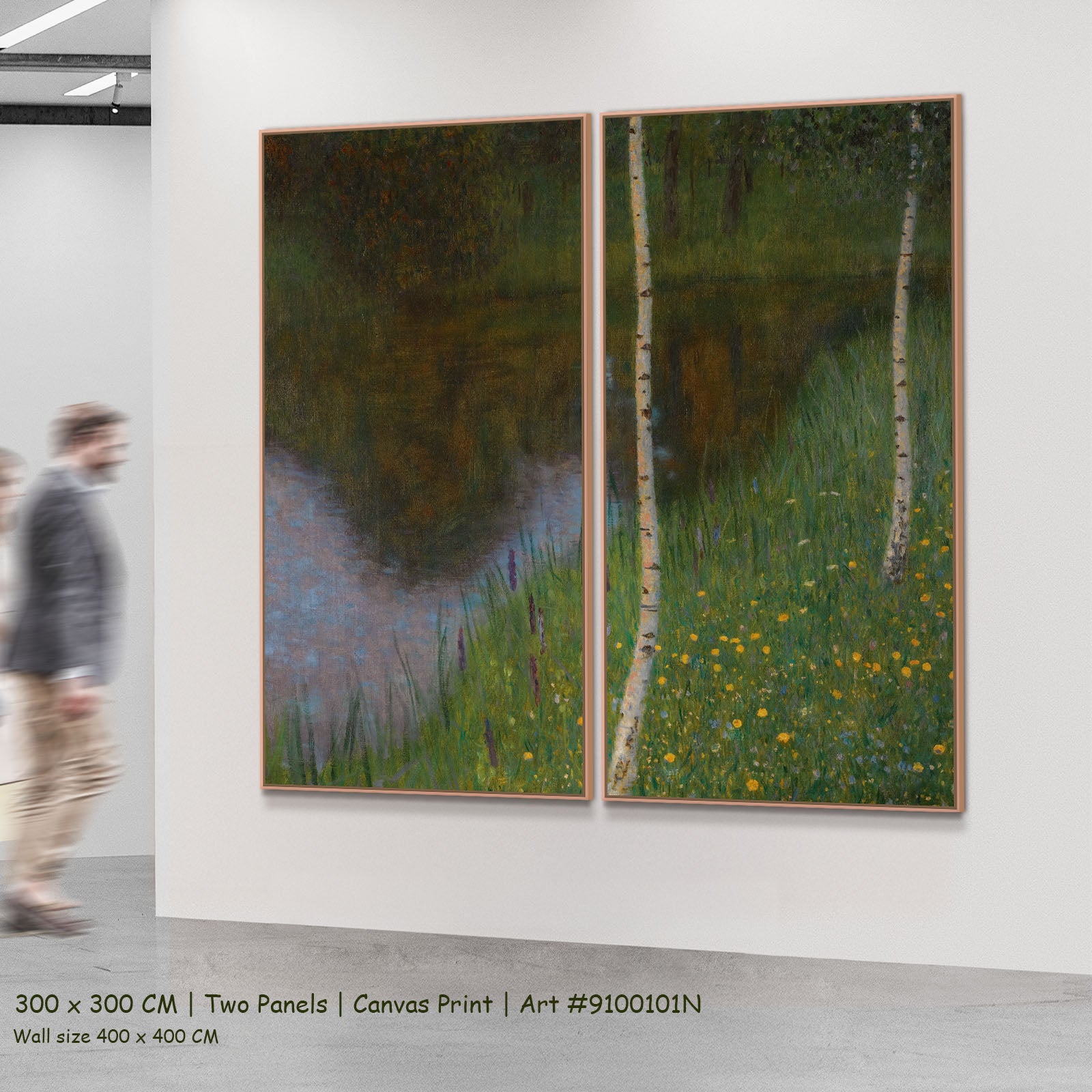 Lakeshore with Birches by Gustav Klimt as a large two-panel green and white Impressionist canvas set