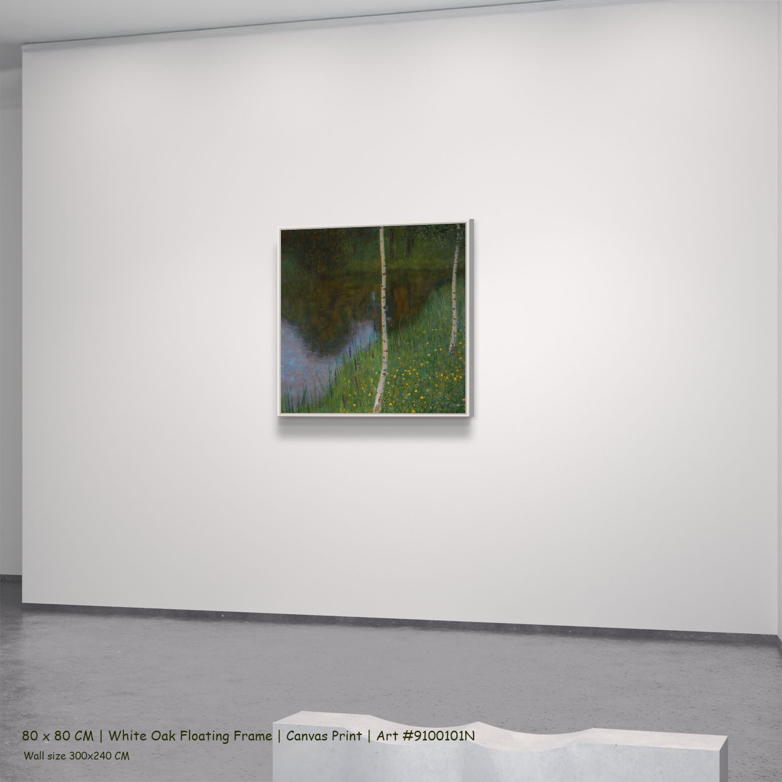 Lakeshore with Birches by Gustav Klimt in a white oak floating frame, large green and white Impressionist canvas