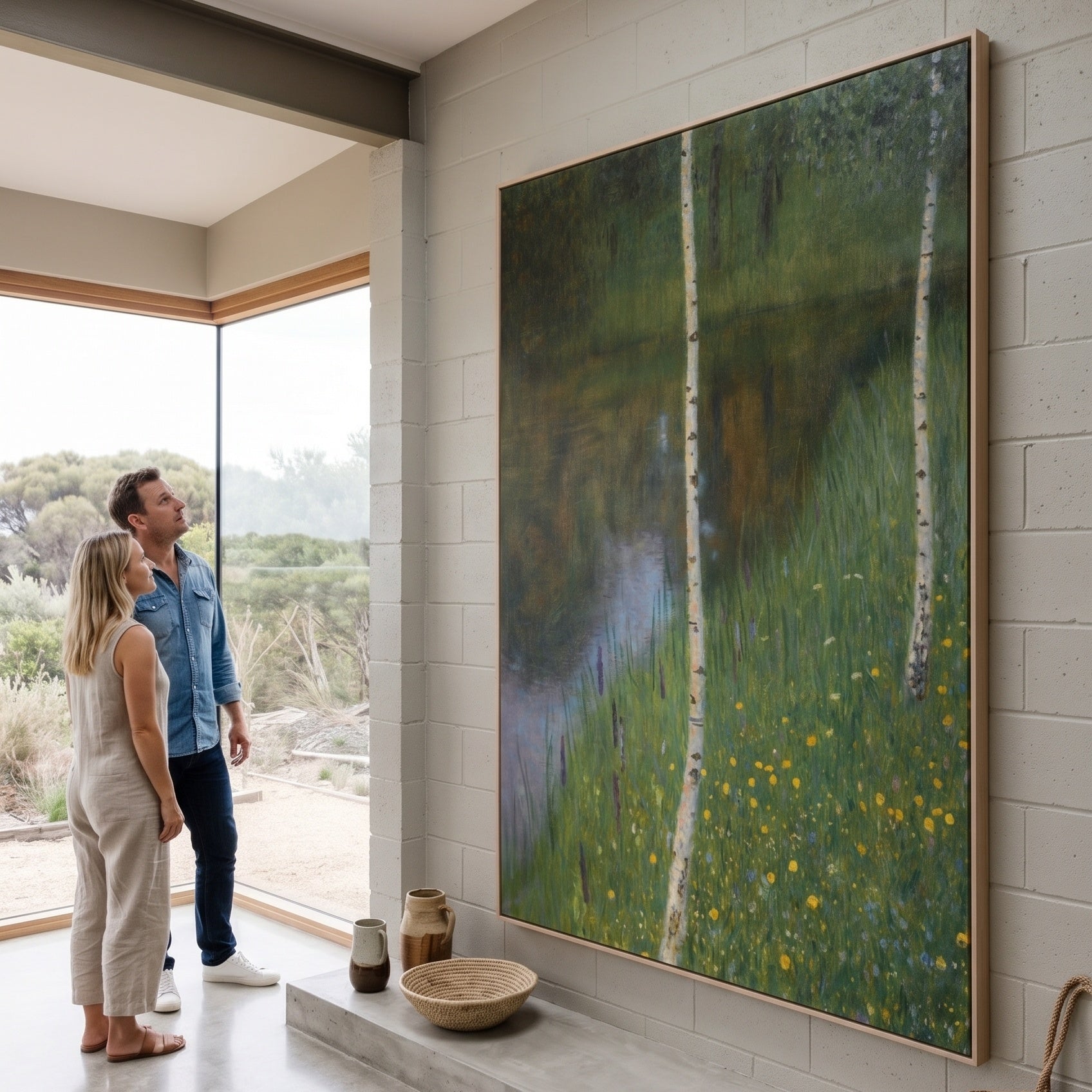 Lakeshore with Birches by Gustav Klimt — large green and white Impressionist canvas art on a living room wall