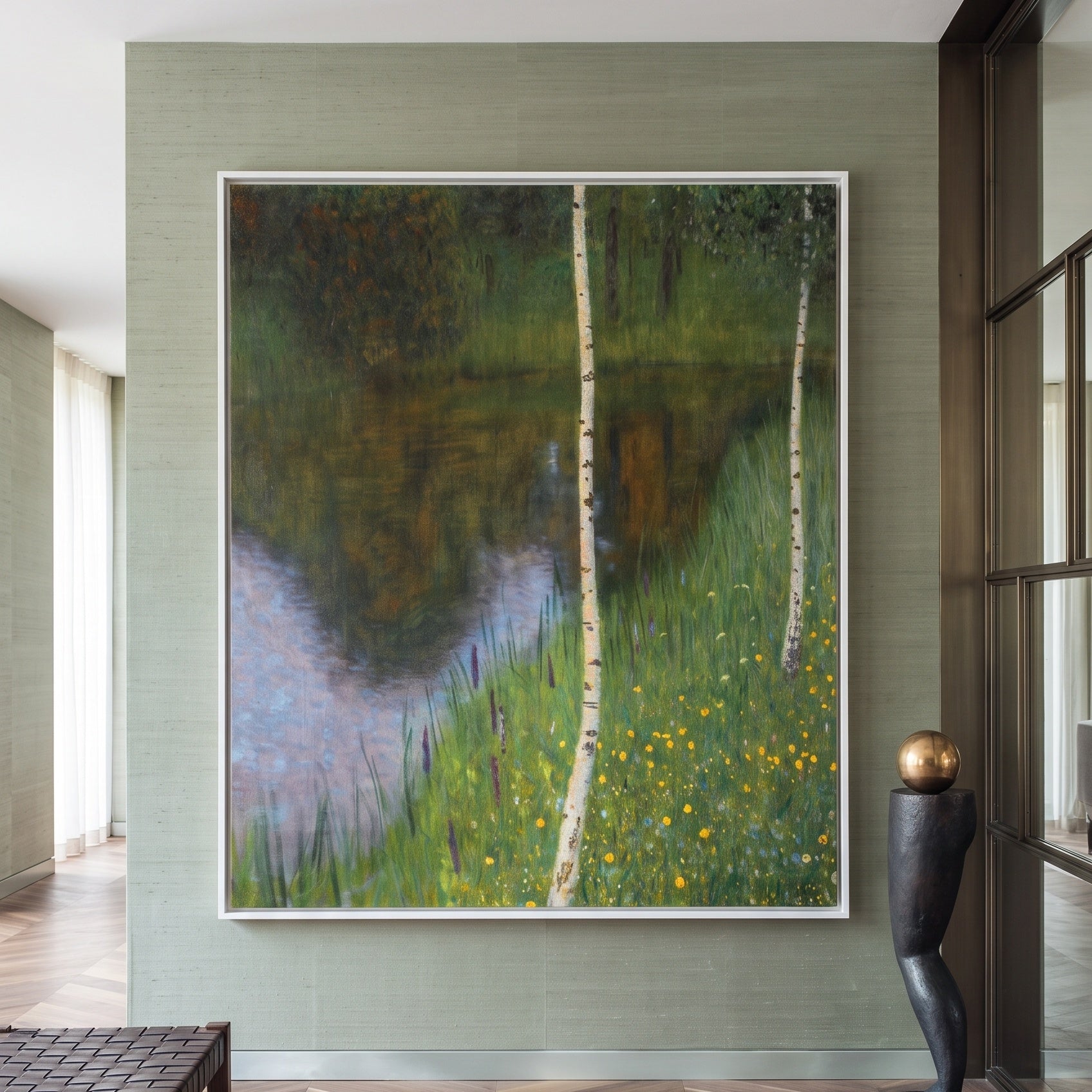 Lakeshore with Birches by Gustav Klimt — large green and white Impressionist canvas art on a entryway wall
