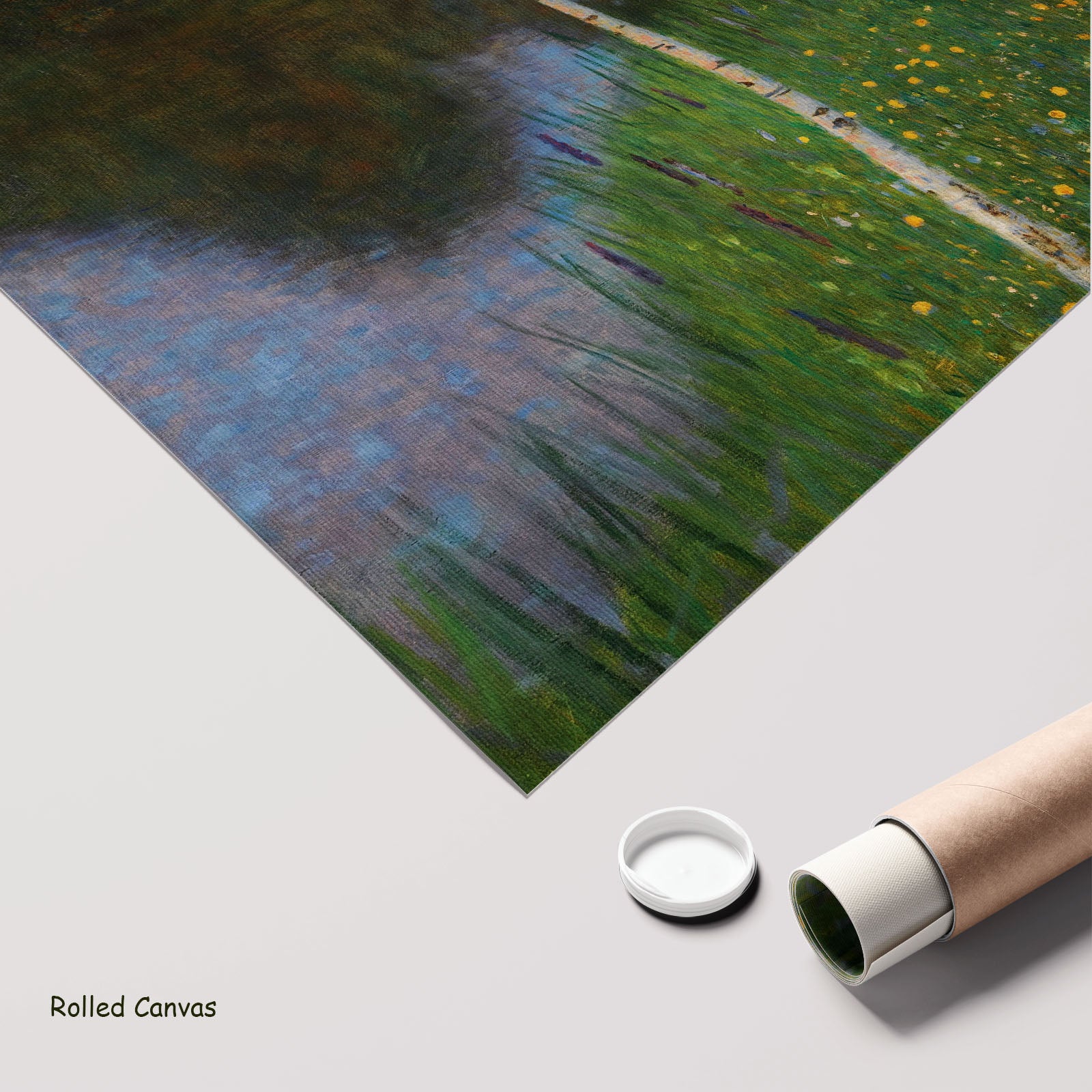 Lakeshore with Birches by Gustav Klimt as a large rolled green and white Impressionist canvas print