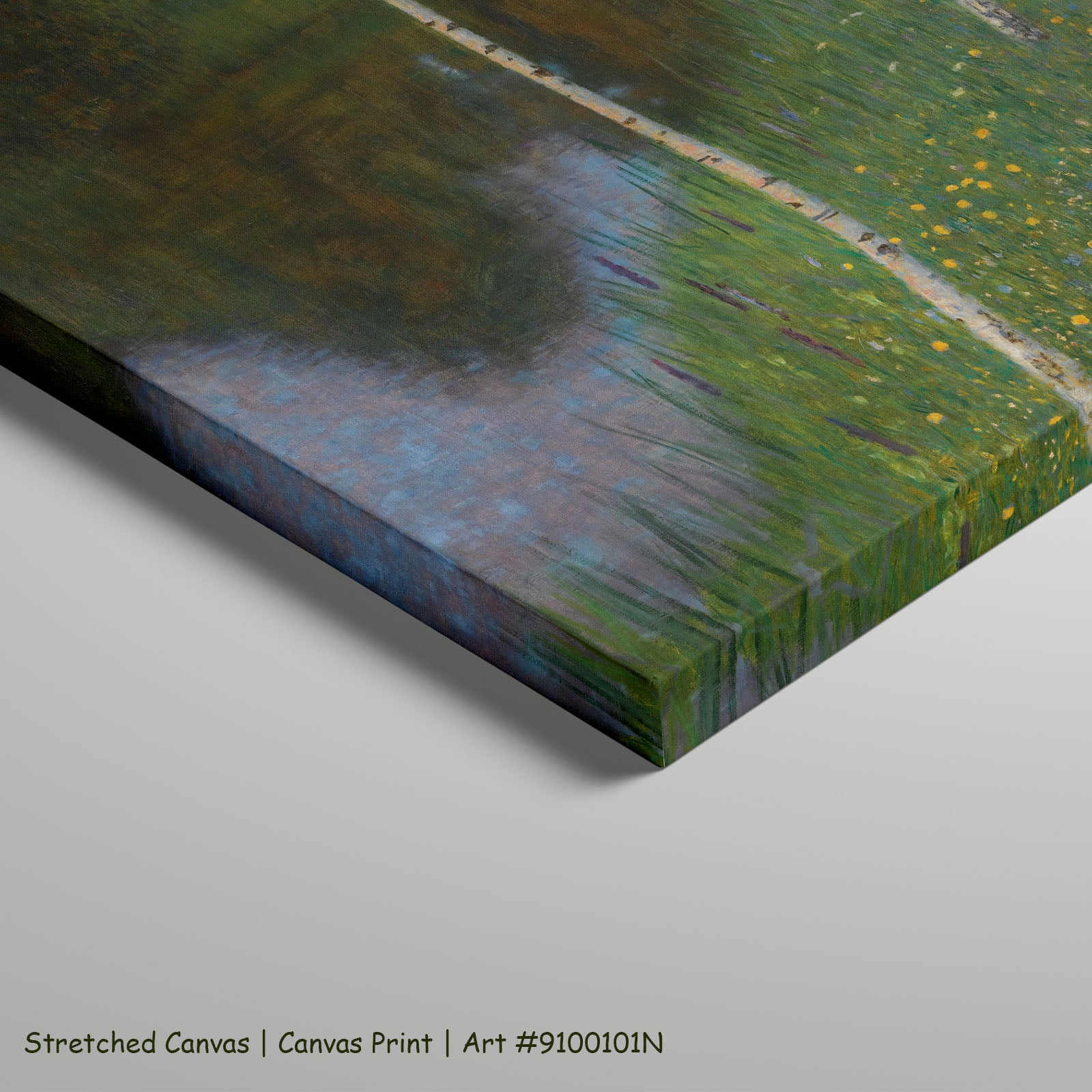 Lakeshore with Birches by Gustav Klimt as a large stretched green and white Impressionist canvas print
