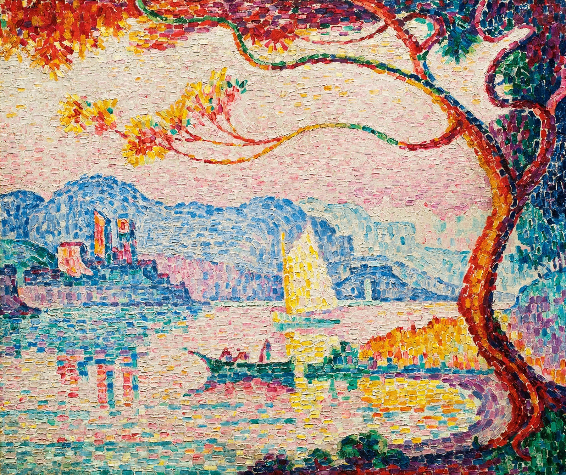 Large pink and aqua Pointillist canvas print of Antibes, Petit Port de Bacon by Paul Signac