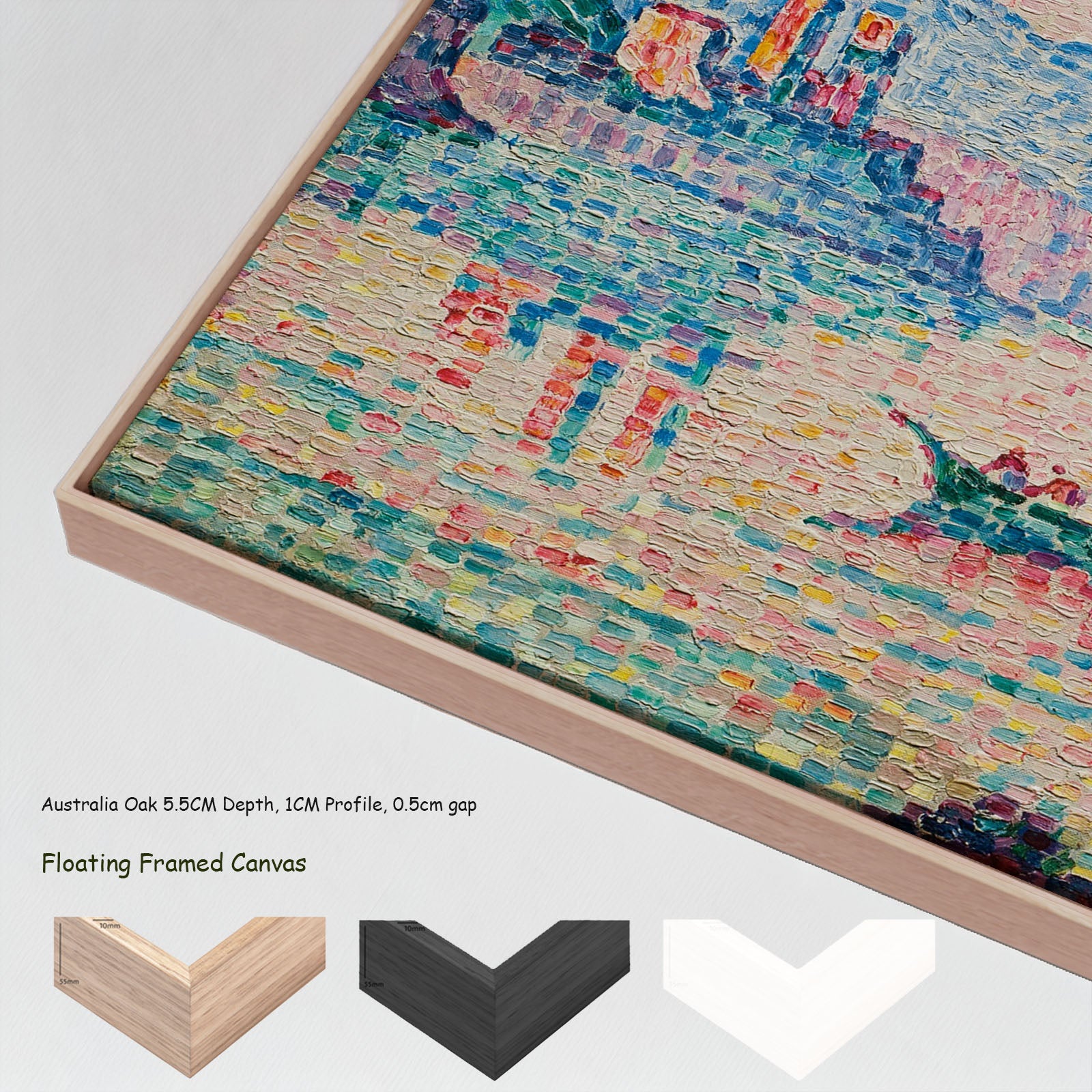 Antibes, Petit Port de Bacon by Paul Signac in a floating frame, large pink and aqua Pointillist canvas print