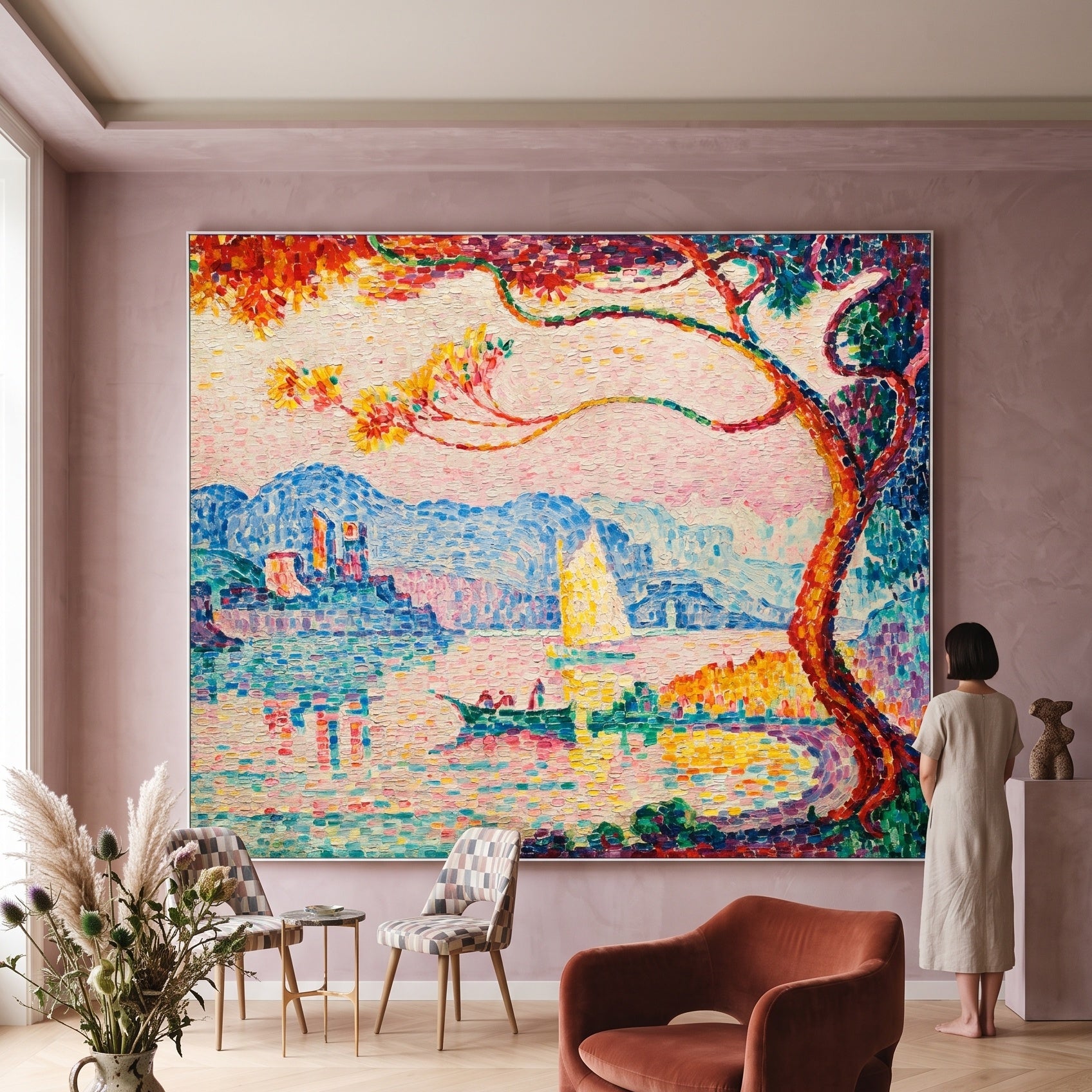 Antibes, Petit Port de Bacon by Paul Signac — large pink and aqua Pointillist canvas art on a living room wall