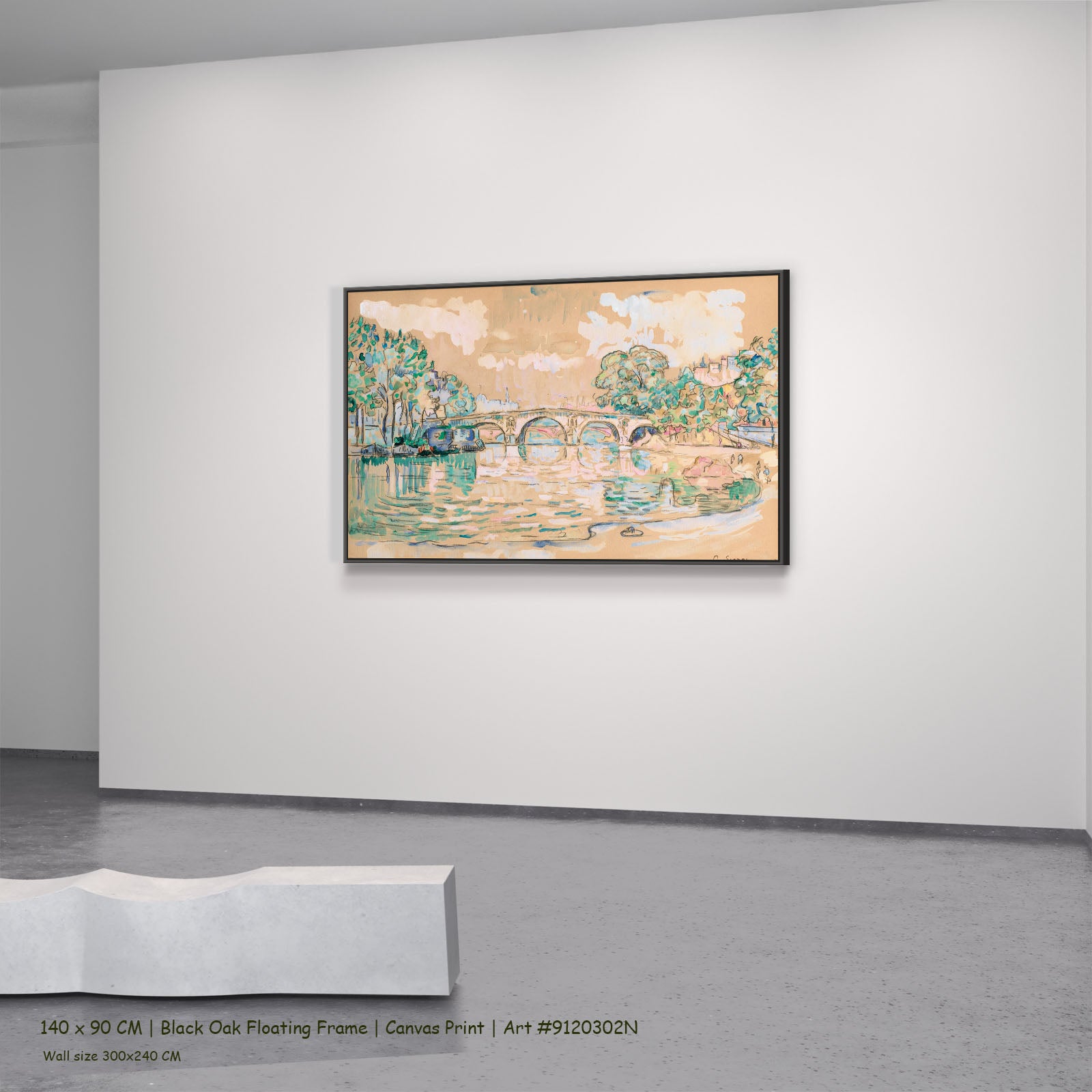 Paris, Le Pont Marie by Paul Signac in a black oak floating frame, large brown and green Pointillist canvas
