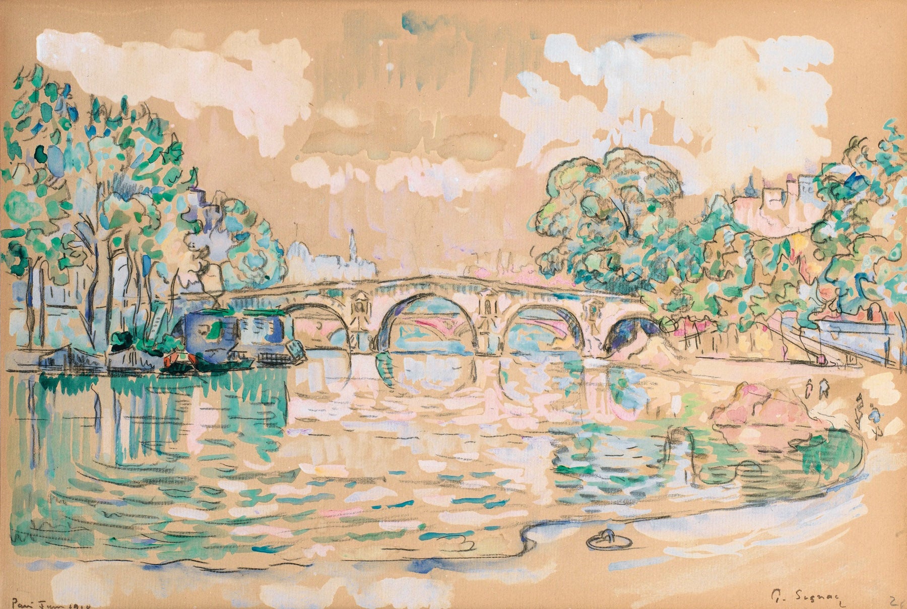 Large brown and green Pointillist canvas print of Paris, Le Pont Marie by Paul Signac