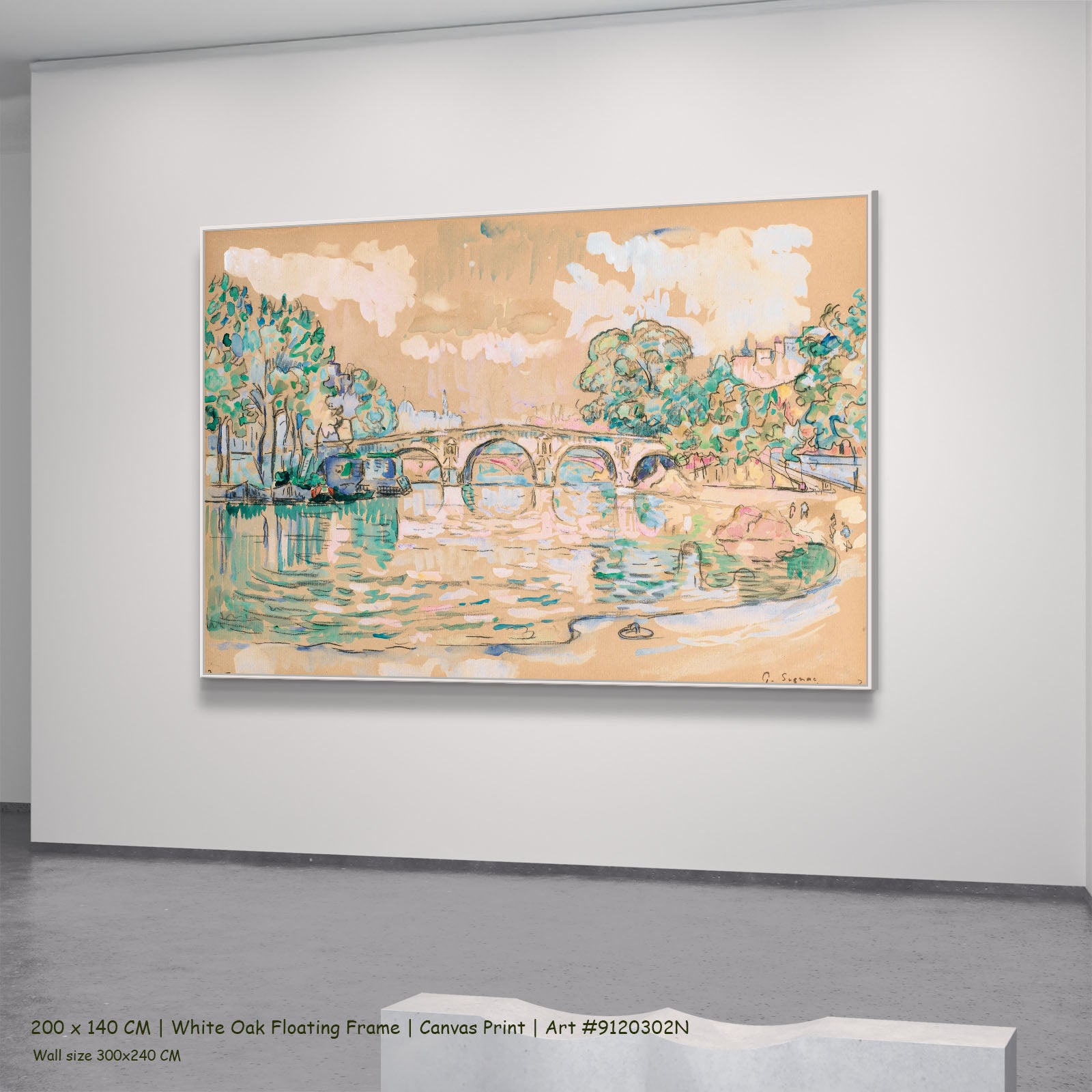 Paris, Le Pont Marie by Paul Signac in a white oak floating frame, large brown and green Pointillist canvas