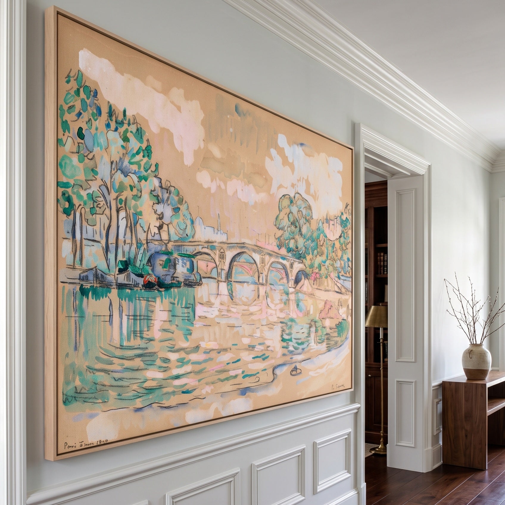 Paris, Le Pont Marie by Paul Signac — large brown and green Pointillist canvas art on a hallway wall