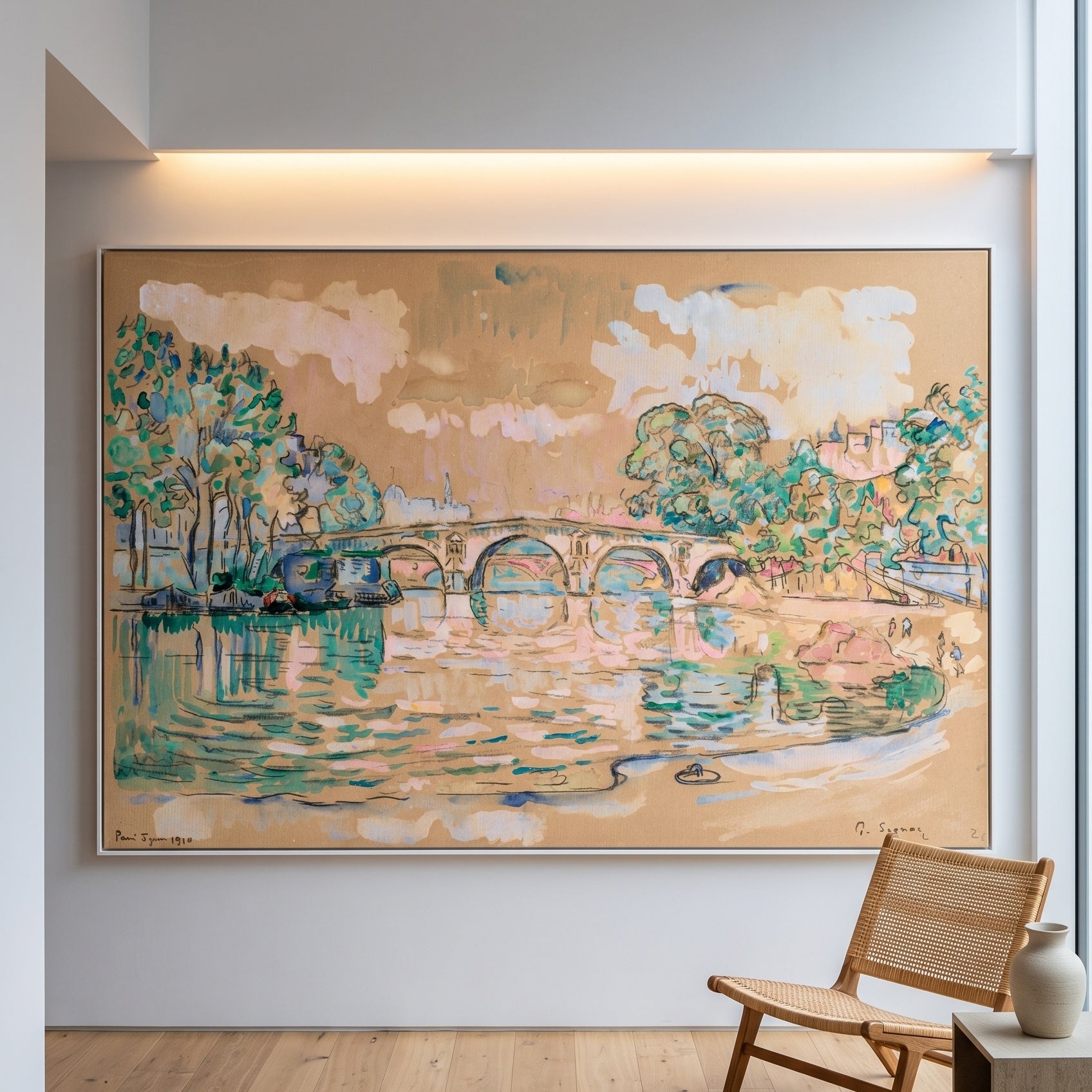 Paris, Le Pont Marie by Paul Signac — large brown and green Pointillist canvas art on a living room wall