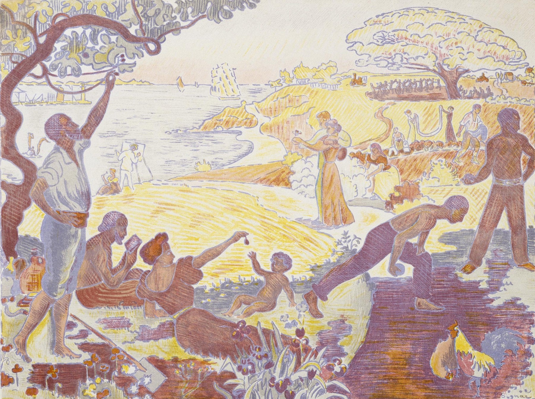 Large gold and purple Pointillist canvas print of The Joy of Life — Sunday by Paul Signac