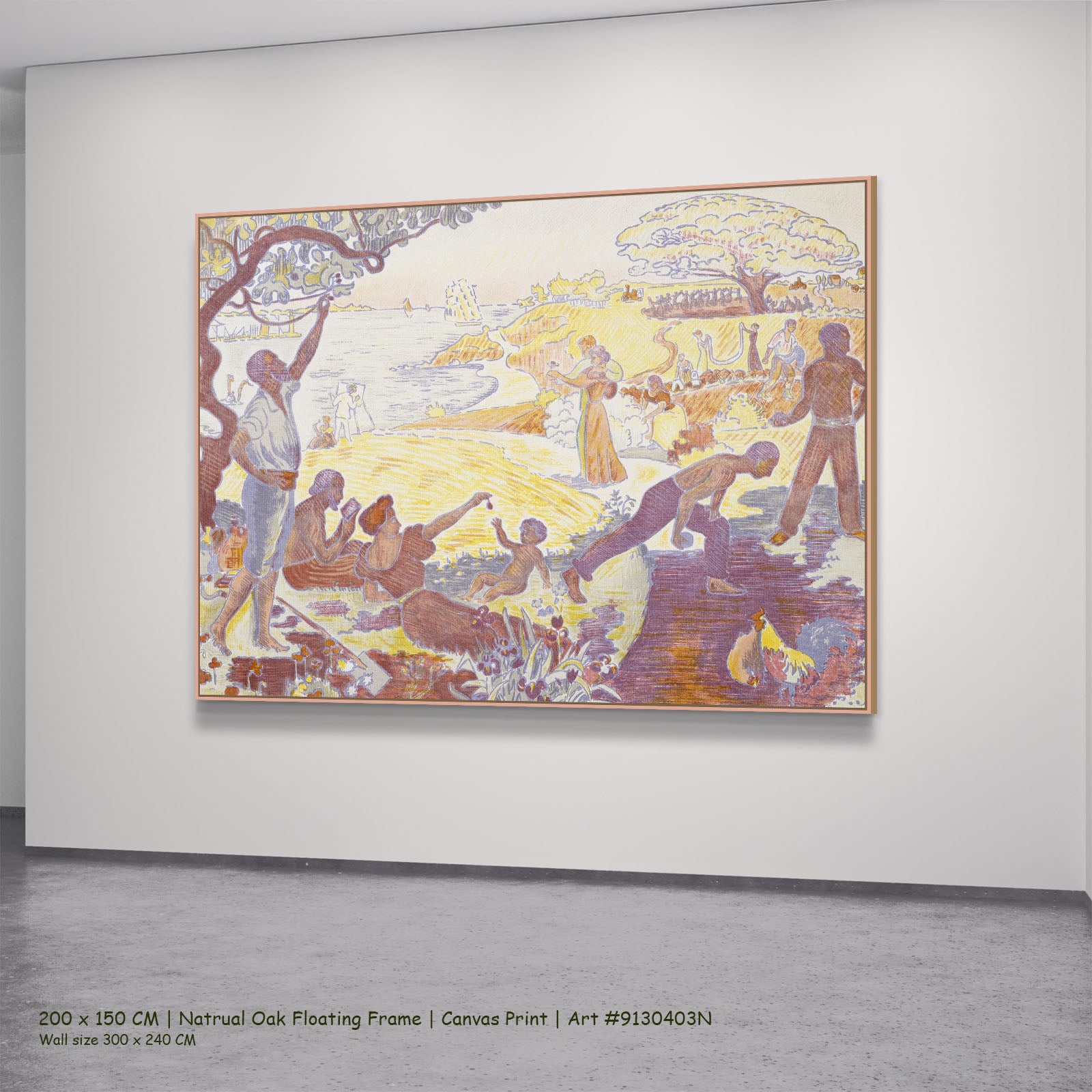 The Joy of Life — Sunday by Paul Signac in a natural oak floating frame, large gold and purple Pointillist canvas
