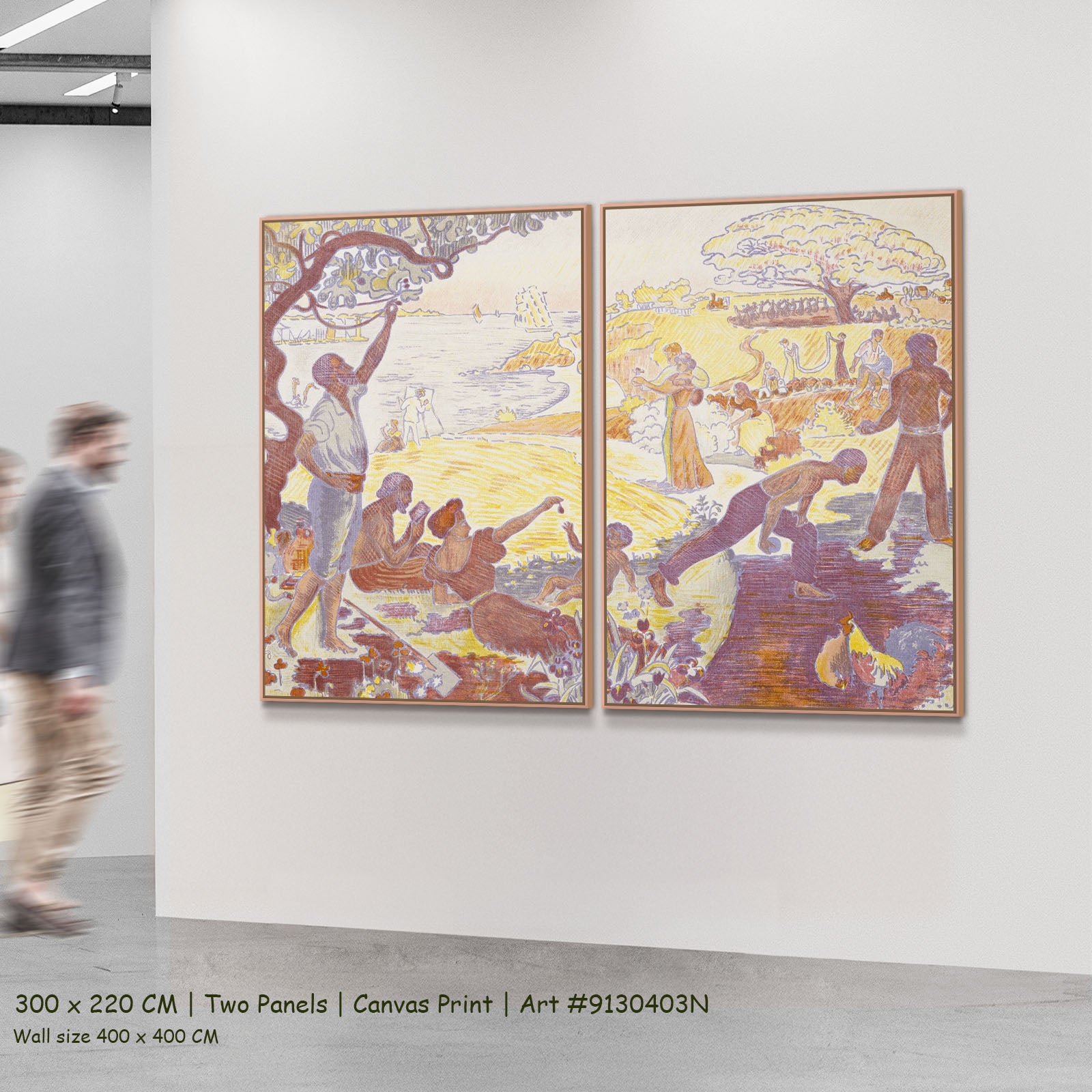 The Joy of Life — Sunday by Paul Signac as a large two-panel gold and purple Pointillist canvas set