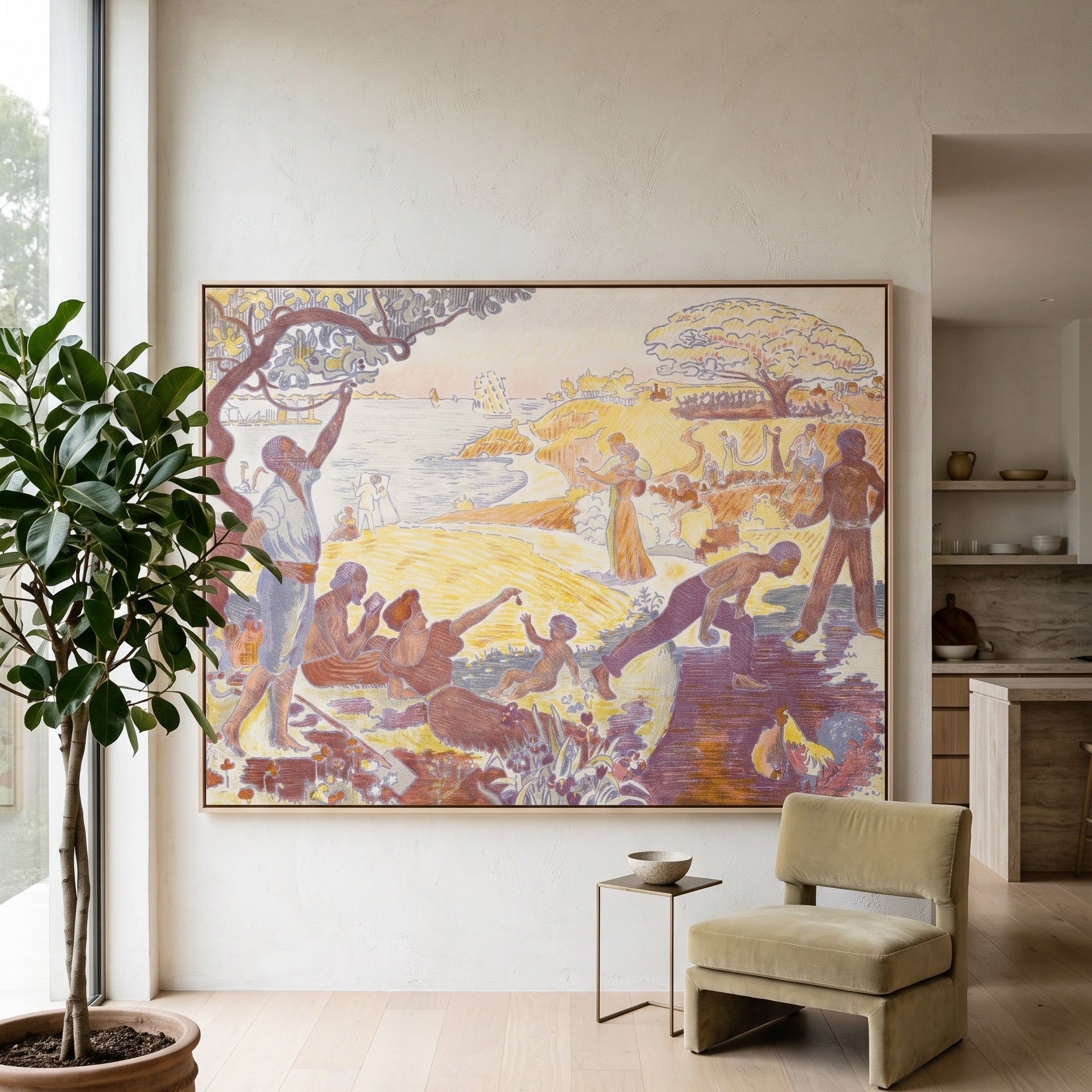The Joy of Life — Sunday by Paul Signac — large gold and purple Pointillist canvas art on a living room wall