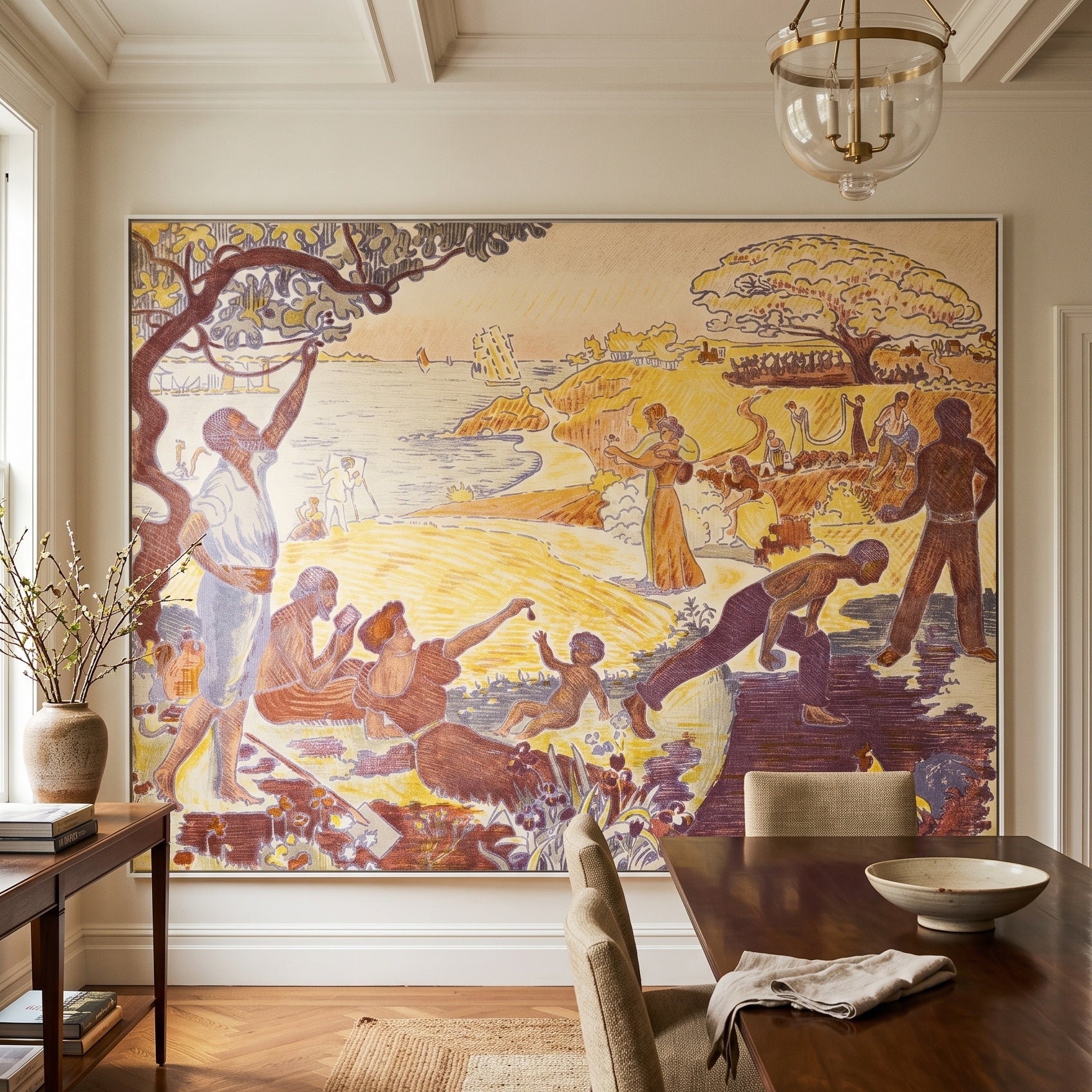 The Joy of Life — Sunday by Paul Signac — large gold and purple Pointillist canvas art displayed on a wall