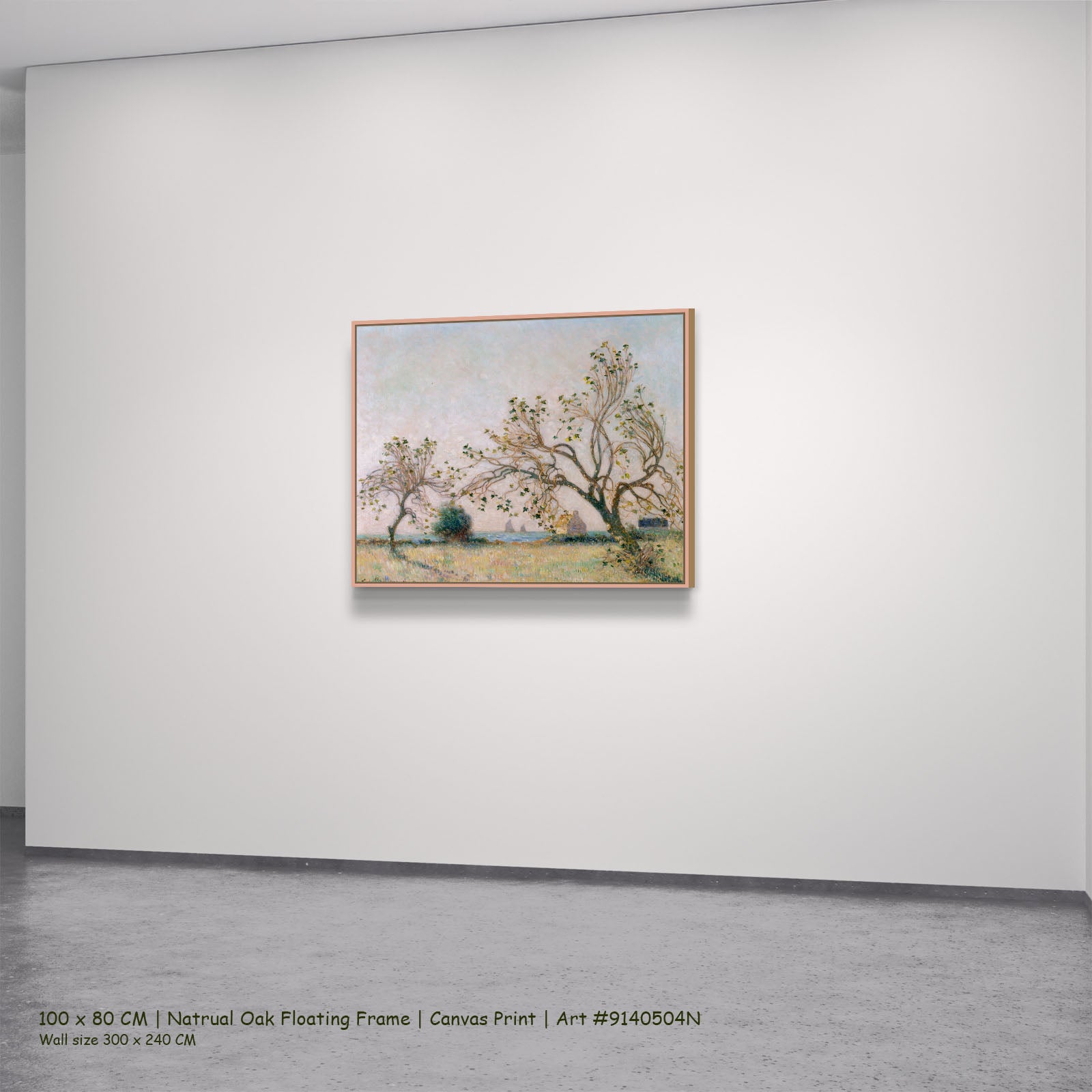 Sunset of the Breton Coast by Ferdinand du Puigaudeau in a natural oak floating frame, large gold and green Impressionist can