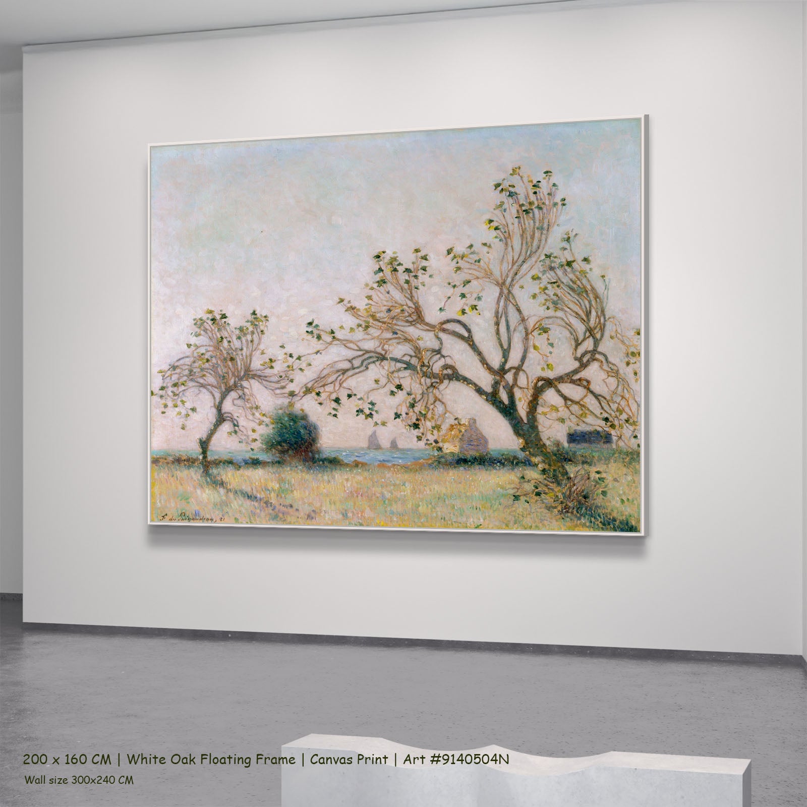 Sunset of the Breton Coast by Ferdinand du Puigaudeau in a white oak floating frame, large gold and green Impressionist canva