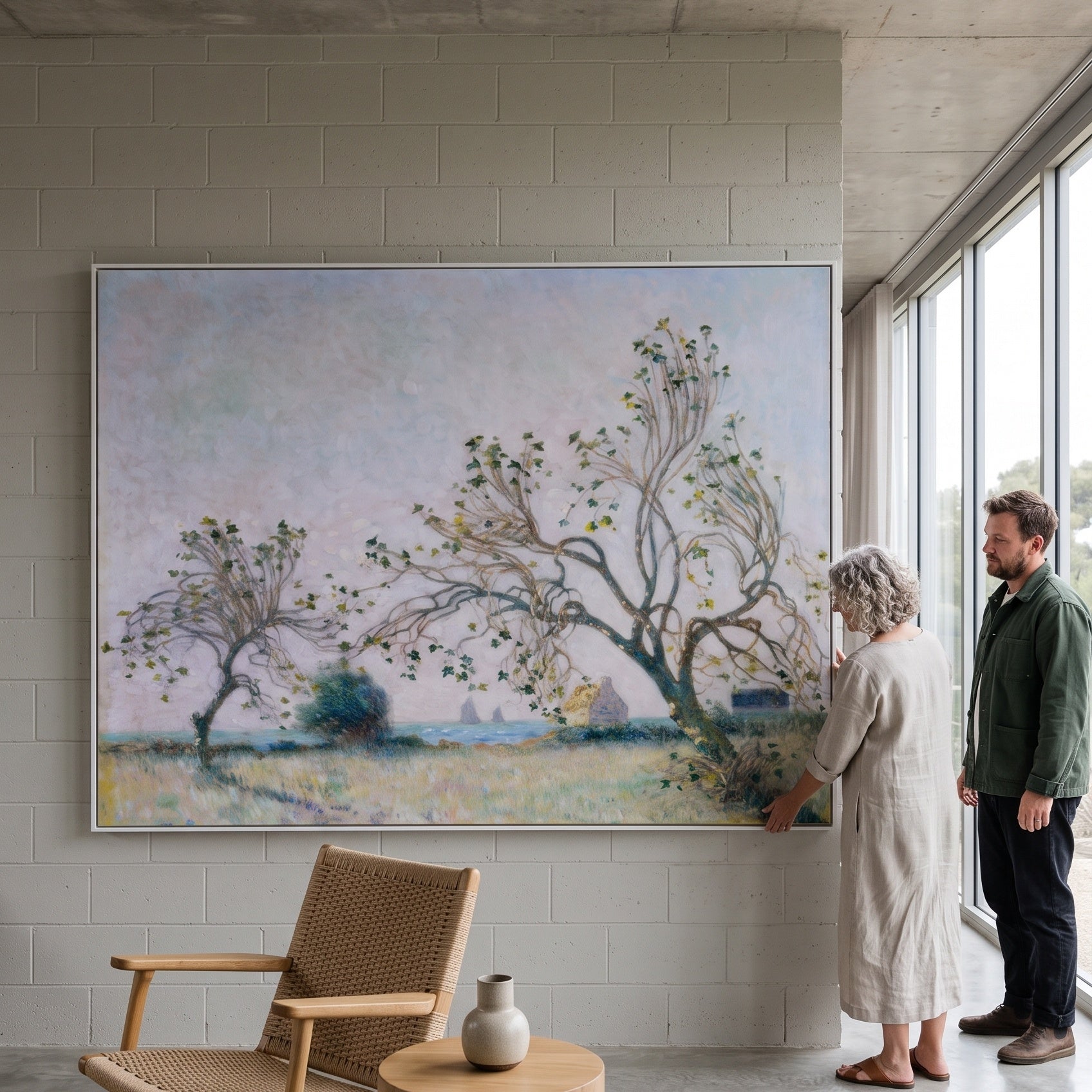 Sunset of the Breton Coast by Ferdinand du Puigaudeau — large gold and green Impressionist canvas art on a living room wall