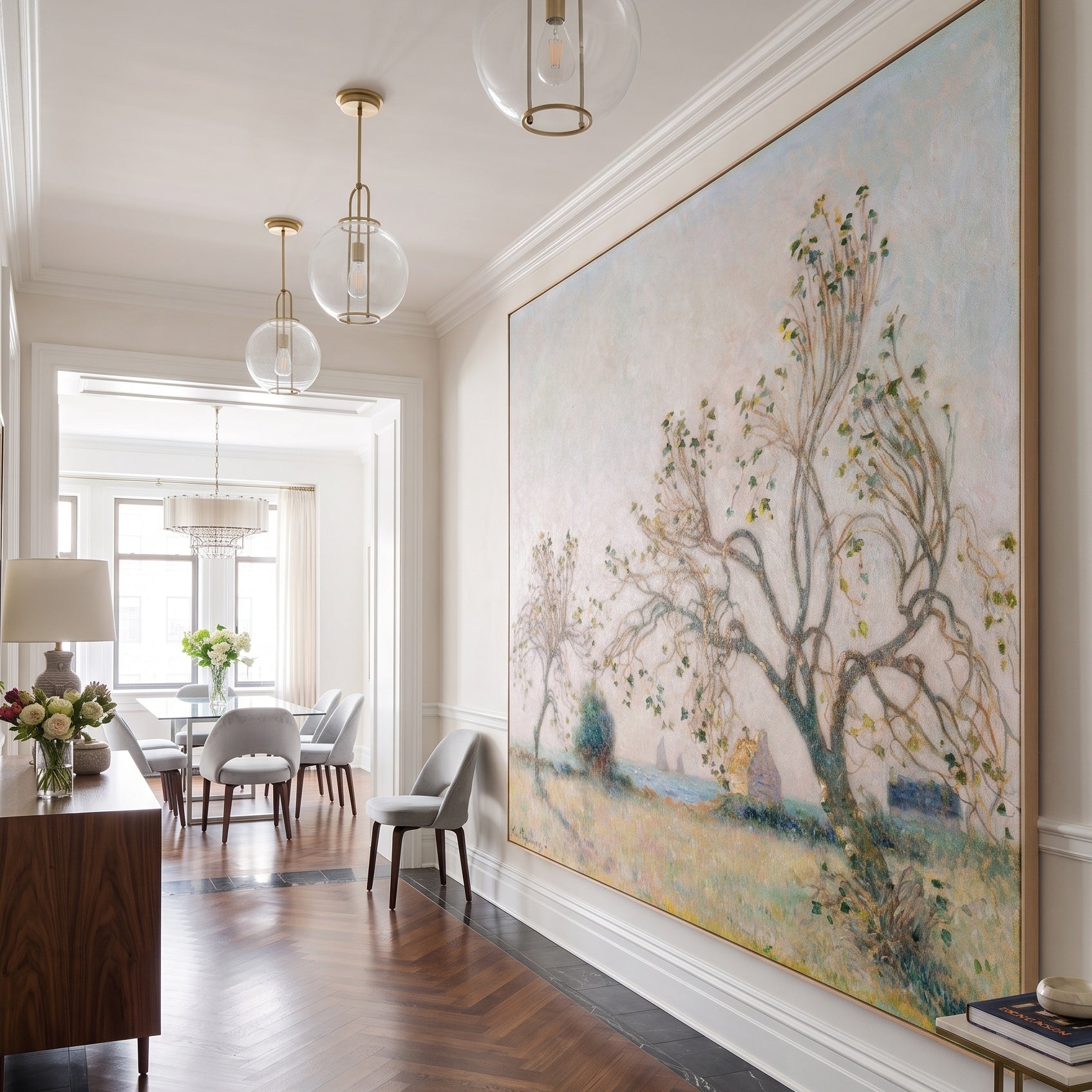 Sunset of the Breton Coast by Ferdinand du Puigaudeau — large gold and green Impressionist canvas art on a hallway wall