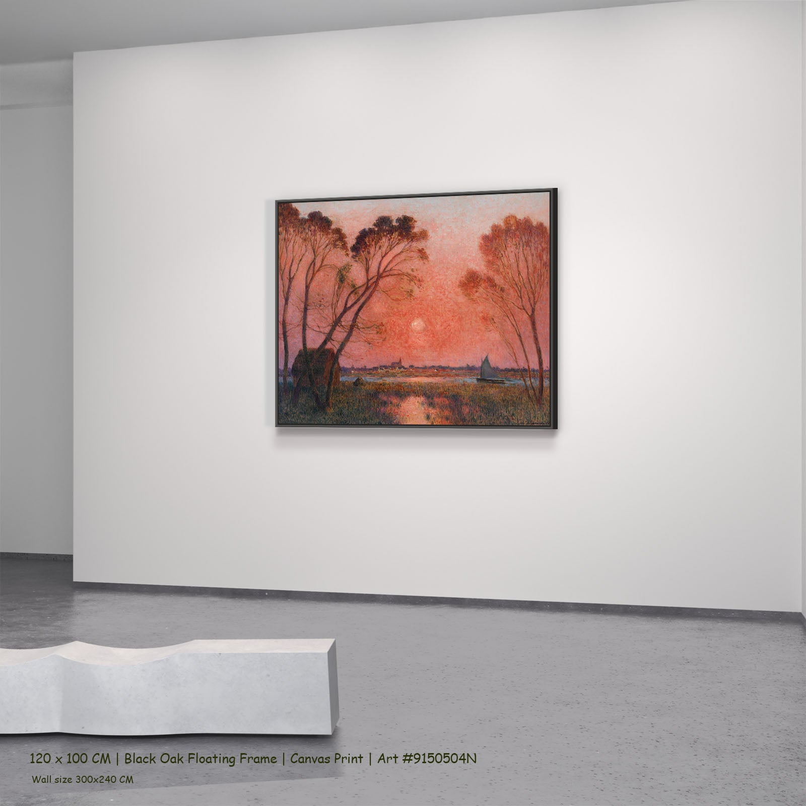 Sunrise by Ferdinand du Puigaudeau in a black oak floating frame, large pink and red Impressionist canvas
