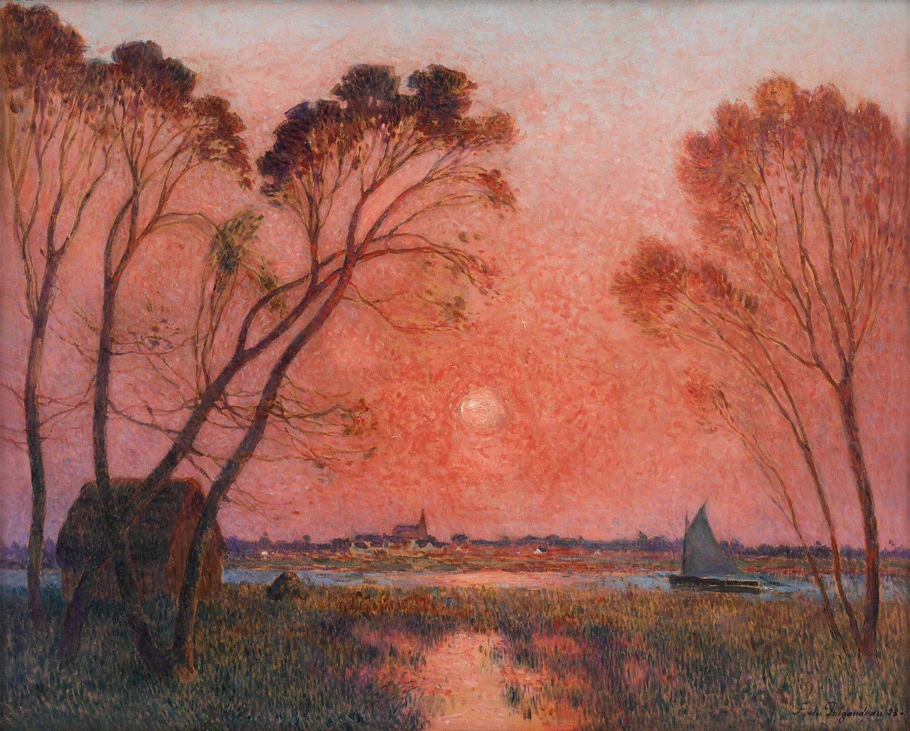 Large pink and red Impressionist canvas print of Sunrise by Ferdinand du Puigaudeau