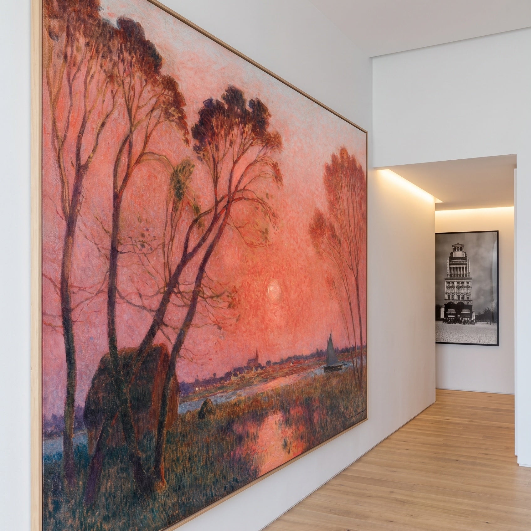 Sunrise by Ferdinand du Puigaudeau — large pink and red Impressionist canvas art on a living room wall
