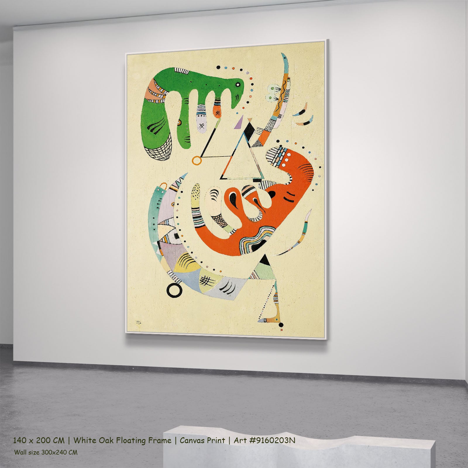 Biomorphic Composition by Wassily Kandinsky in a white oak floating frame, large green and orange Modern Abstract canvas