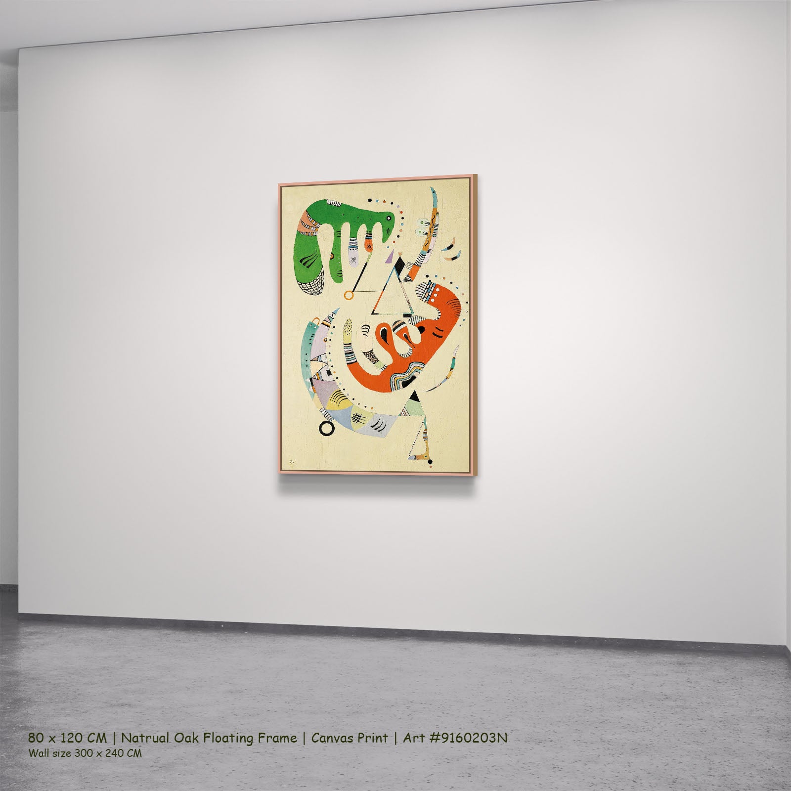 Biomorphic Composition by Wassily Kandinsky in a natural oak floating frame, large green and orange Modern Abstract canvas
