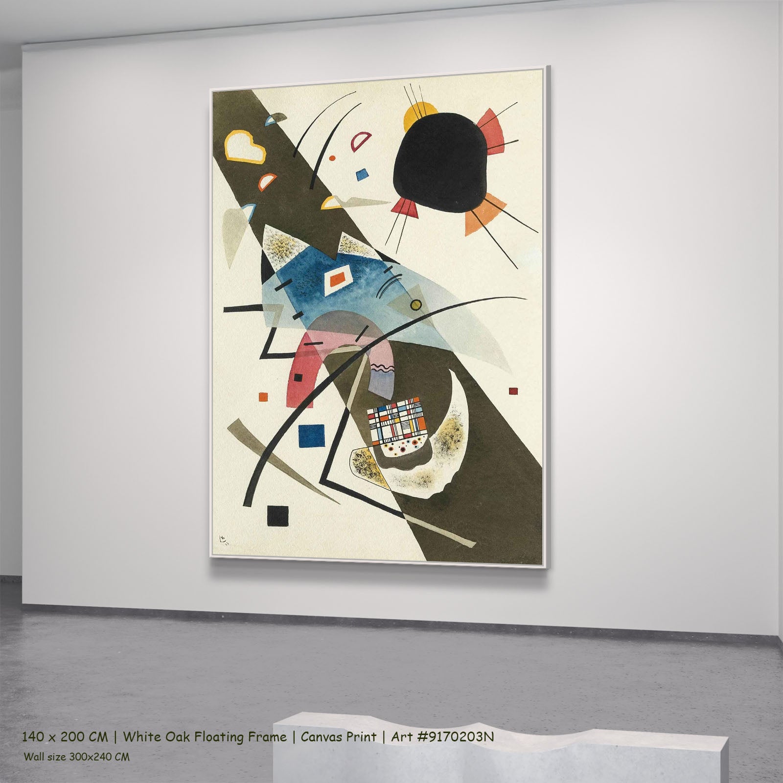 Diagonal Composition by Wassily Kandinsky in a white oak floating frame, large brown and blue Abstract canvas