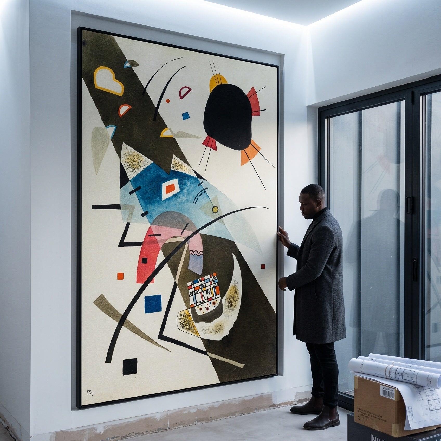 Diagonal Composition by Wassily Kandinsky — large brown and blue Abstract canvas art on a living room wall