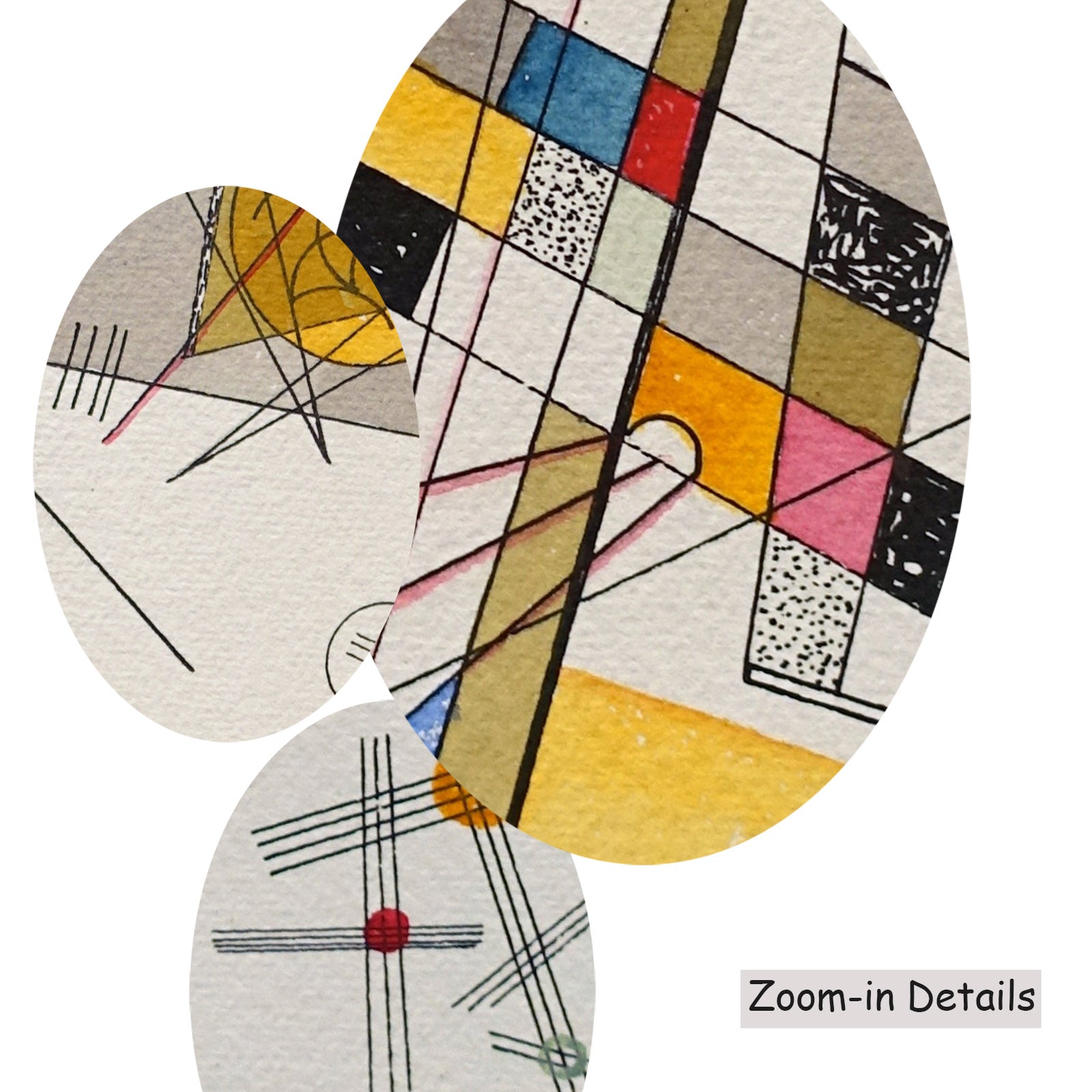 Close-up detail of the brushwork on Delicate Tension, a large white and grey Geometric Abstract canvas by Wassily Kandinsky